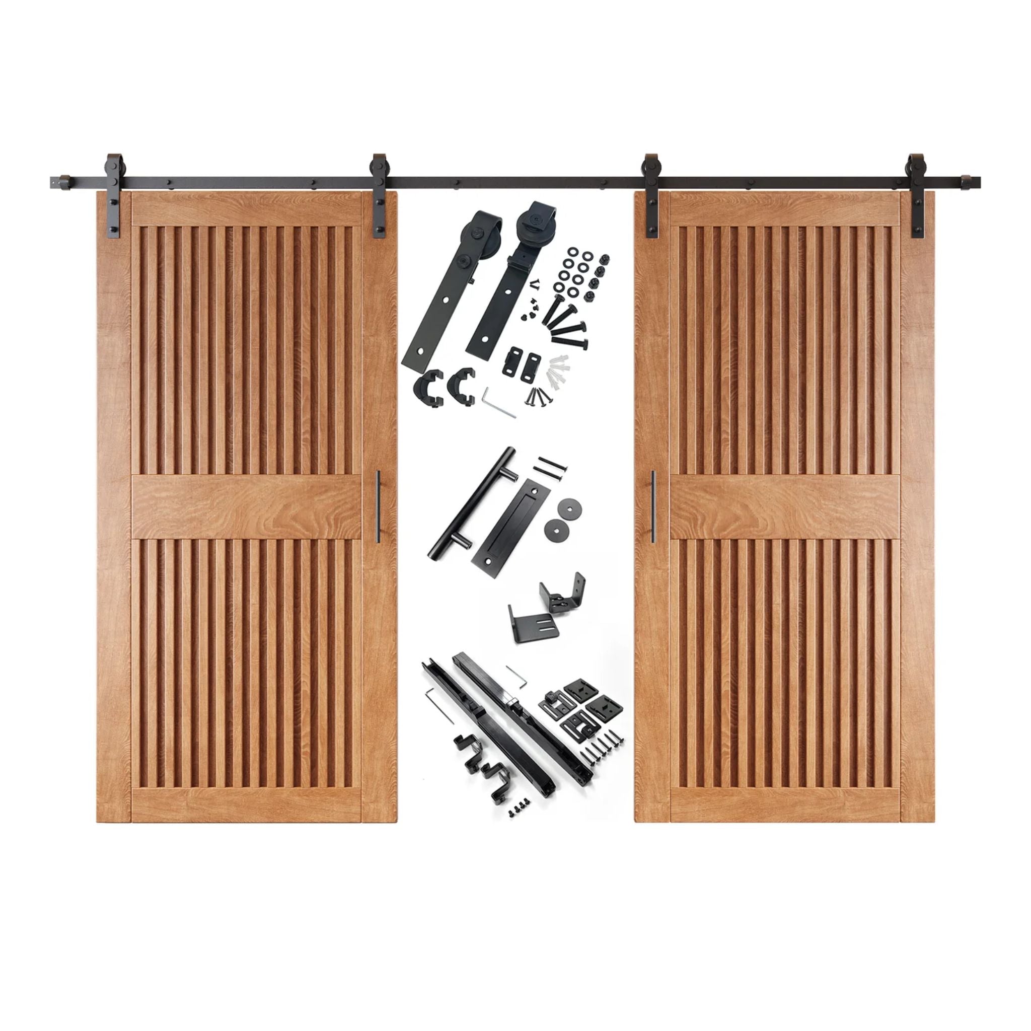 Early American vertical slat barn door set with hardware components on a white background