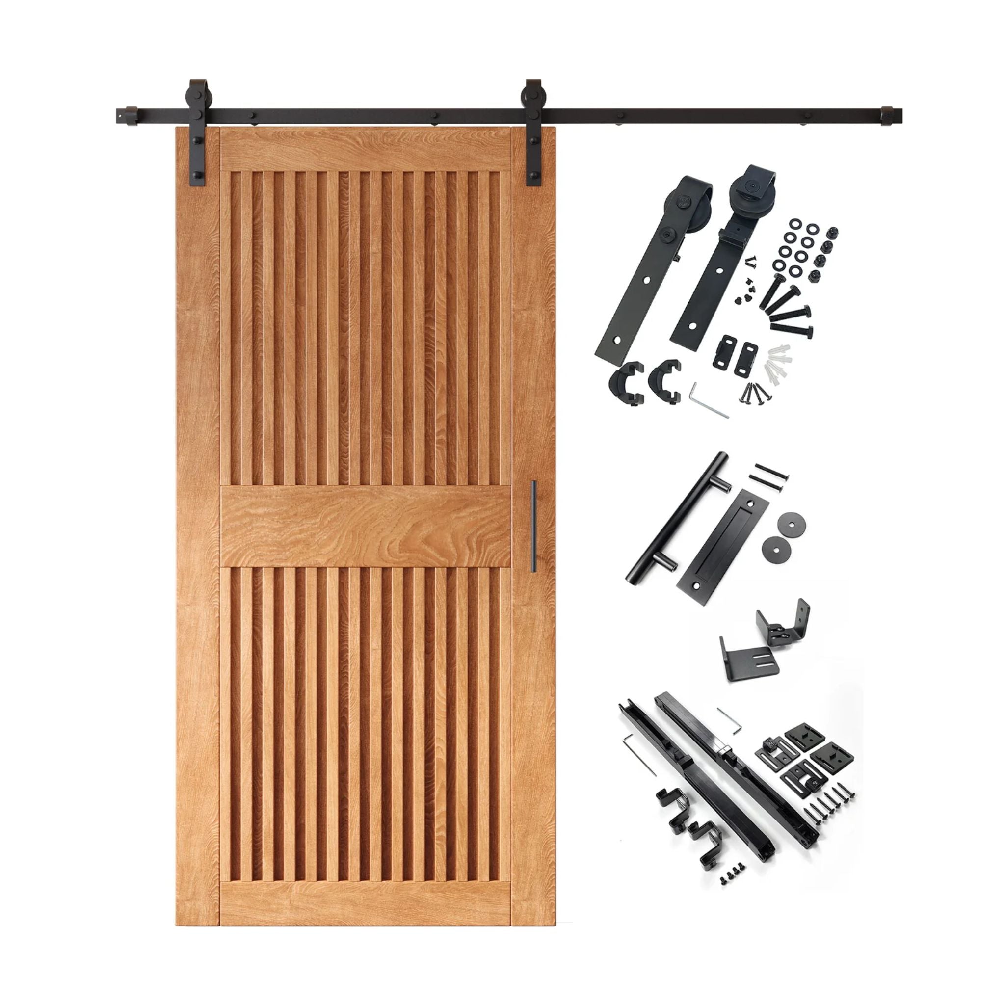 Early American barn door kit with wooden door, hardware, and installation parts on a white background