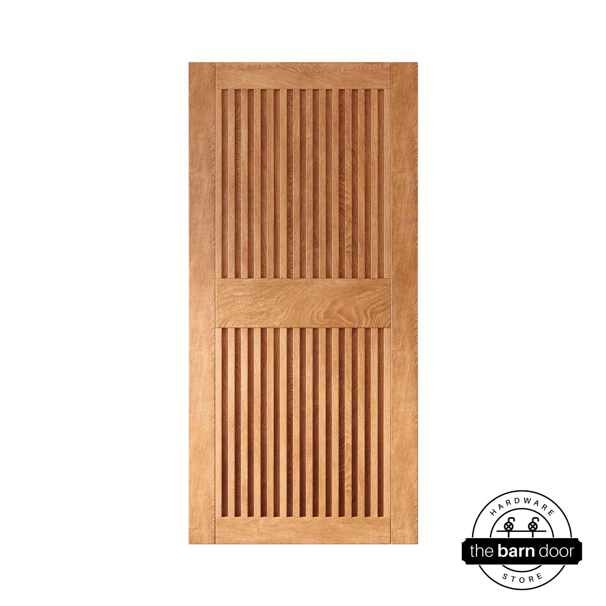 Early American wooden door with slatted design on a white background