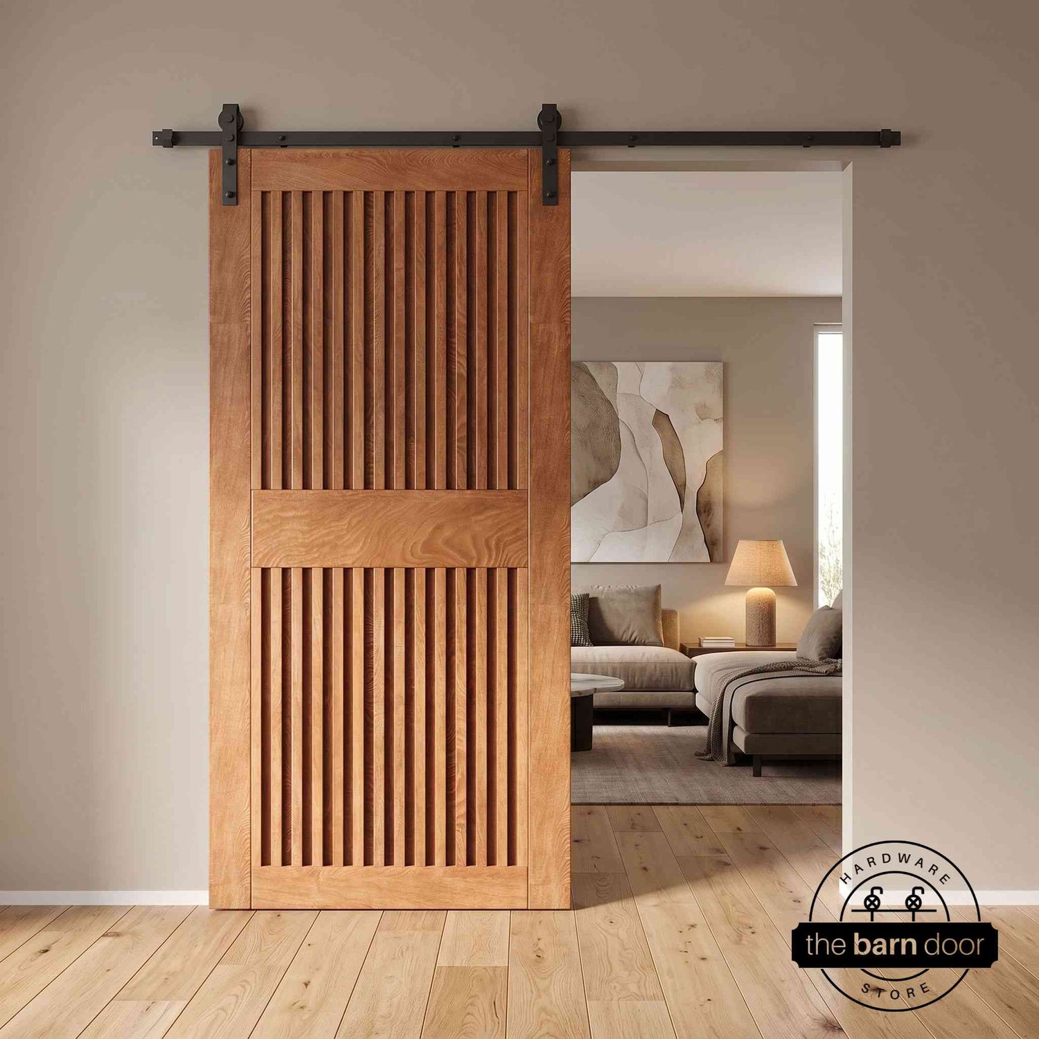 Early American wooden sliding door in a modern interior setting with a fireplace.