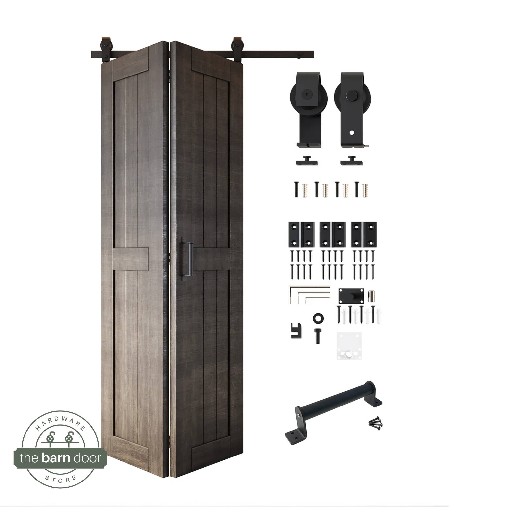 Full kit contents: Partially folded ebony finished 2-door bifold panels shown next to all hardware components (rollers, track, screws, handle) in Matte Black.