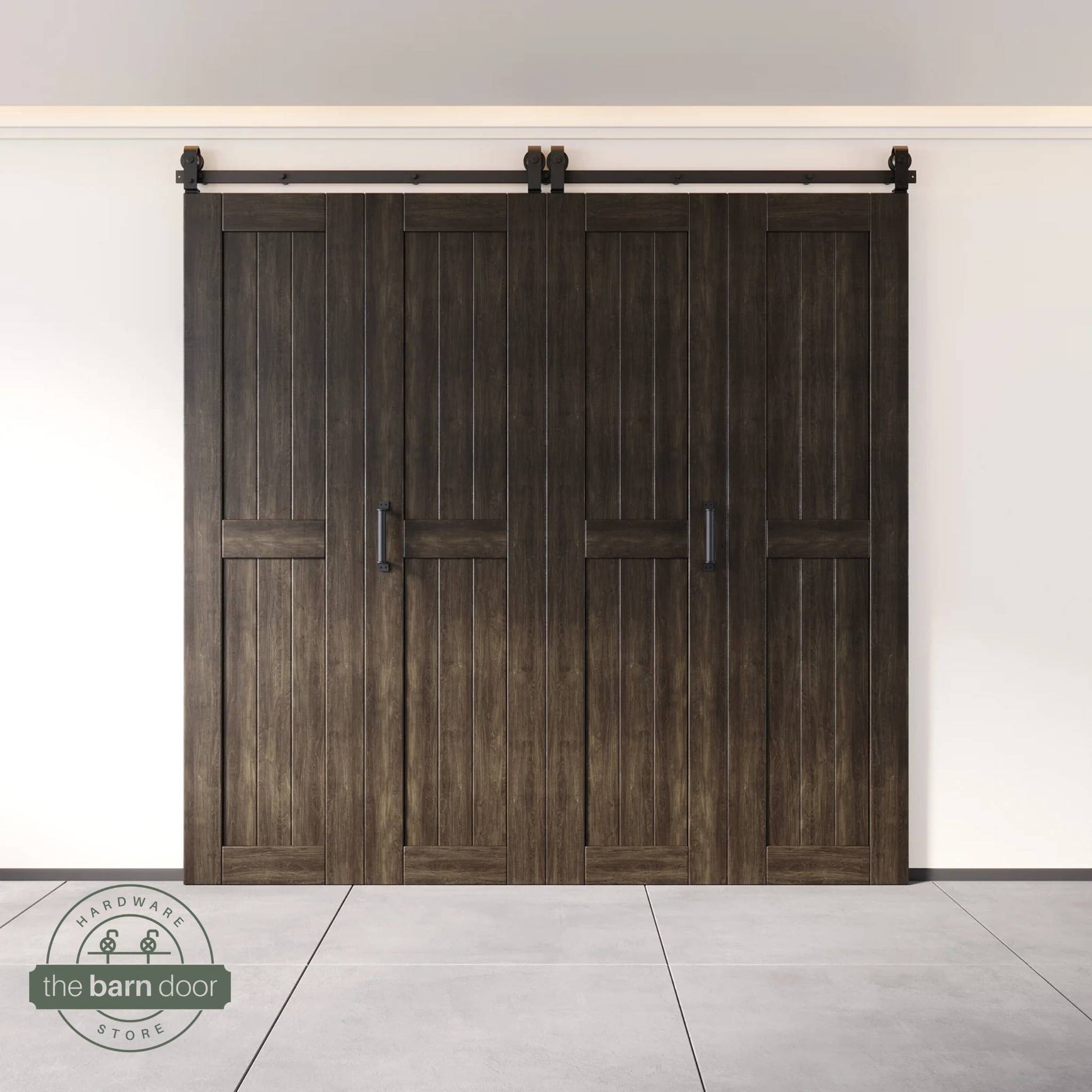 Four-panel bi-parting bifold barn door in a ebony finish, fully closed in a modern entryway, showing the top-mount Matte Black track.