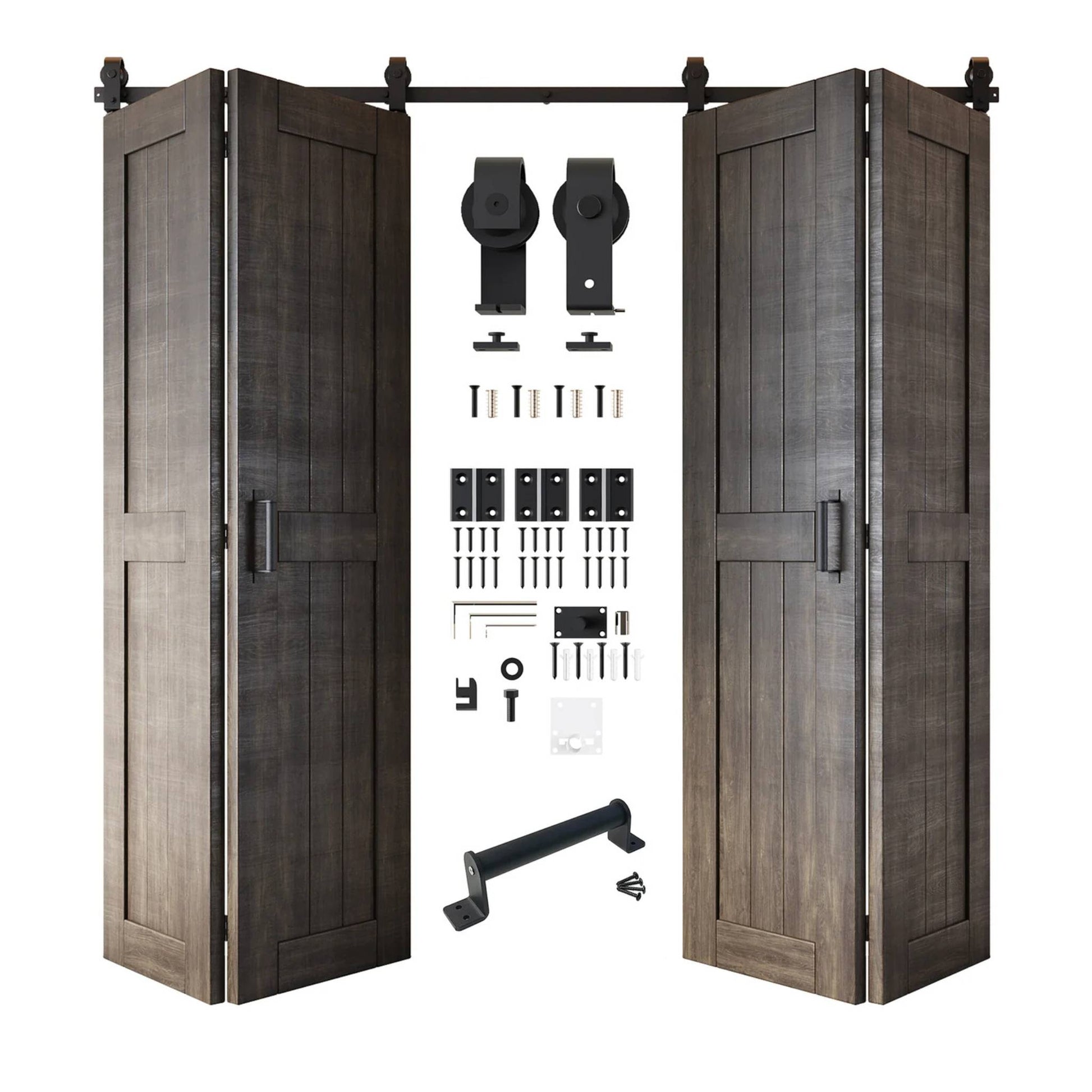 Full kit contents: Four open and partially folded ebony bifold door panels shown with all accompanying Matte Black top-mount hardware components.