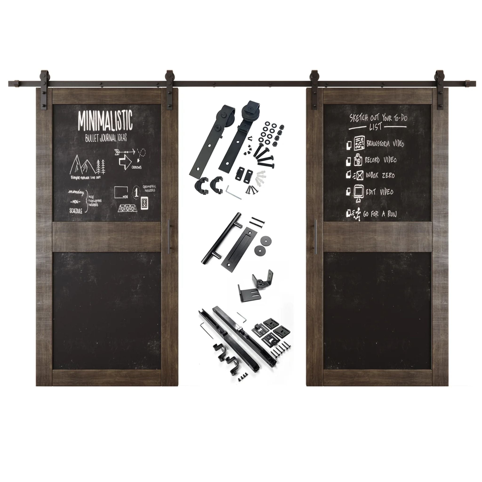 Ebony barn door set with black chalkboard panels and hardware components on a white background
