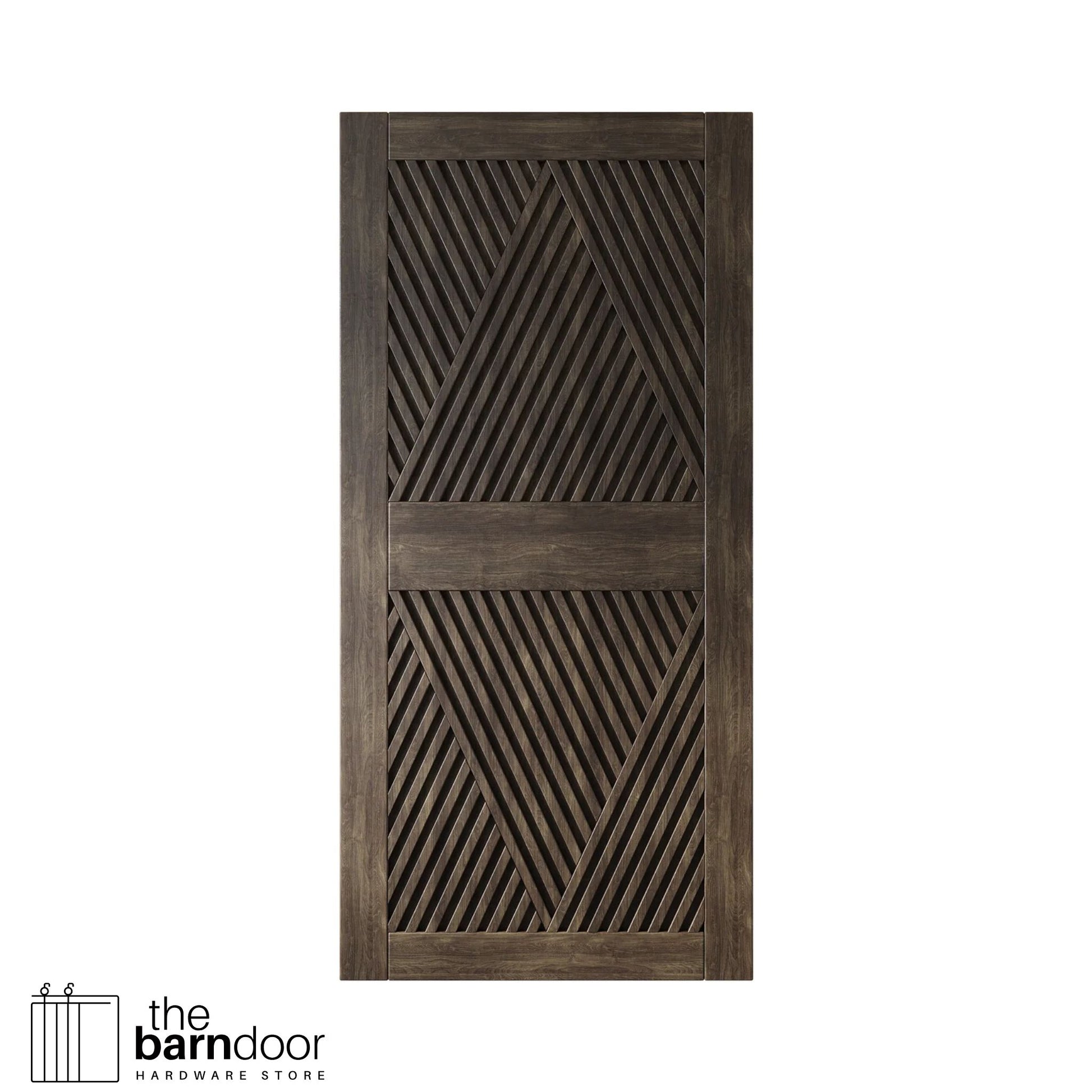 Close-up studio shot of a single ebony barn door panel featuring a striking slatted diamond geometric pattern.