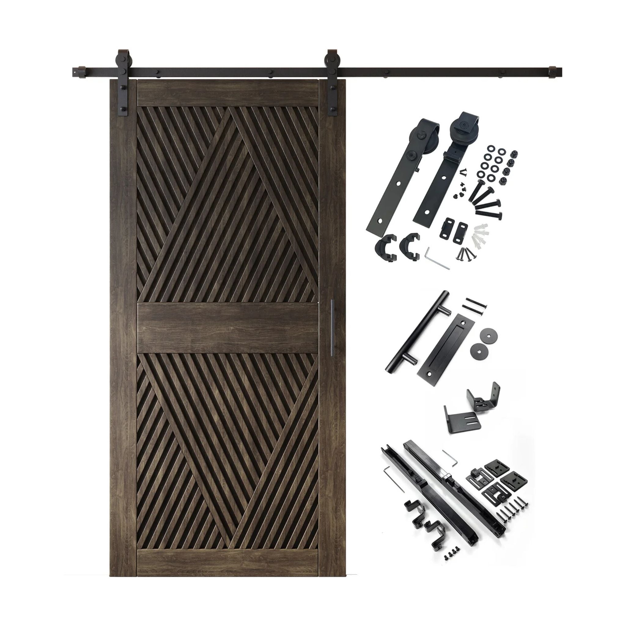 A complete barn door hardware kit featuring a striking ebony barn door with an intricate, open diamond slat pattern, black sliding track, rollers, handle, and all mounting components displayed next to the door.