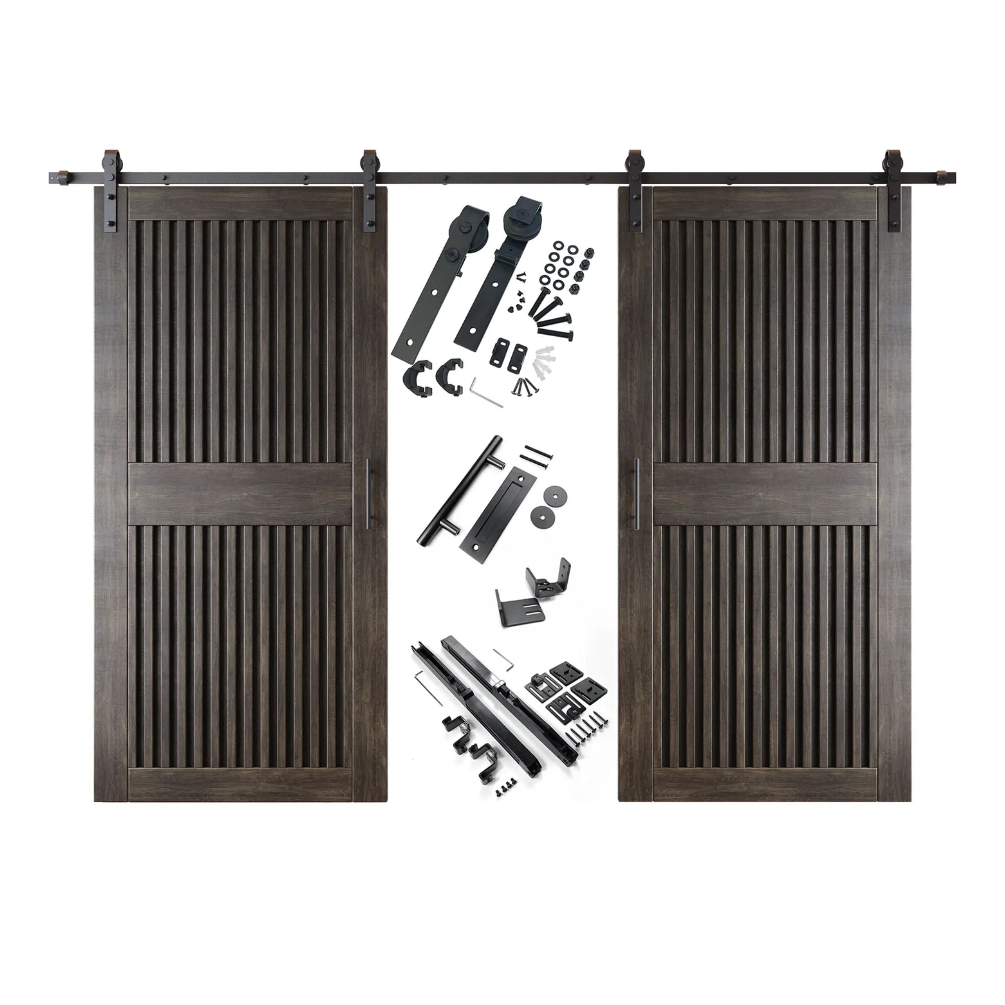 Ebony vertical slat barn door set with hardware components on a white background
