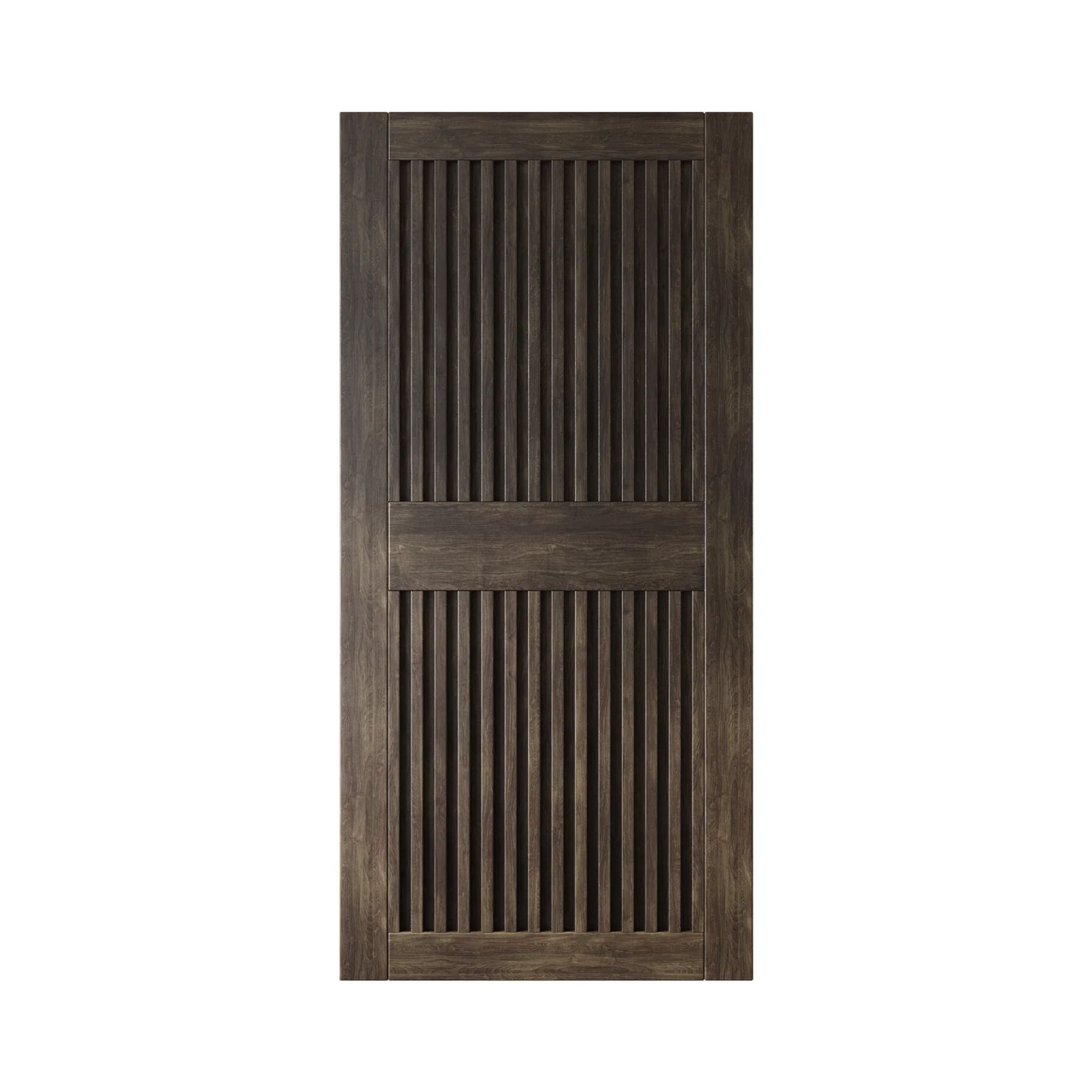Ebony wooden door with vertical slats on a white background