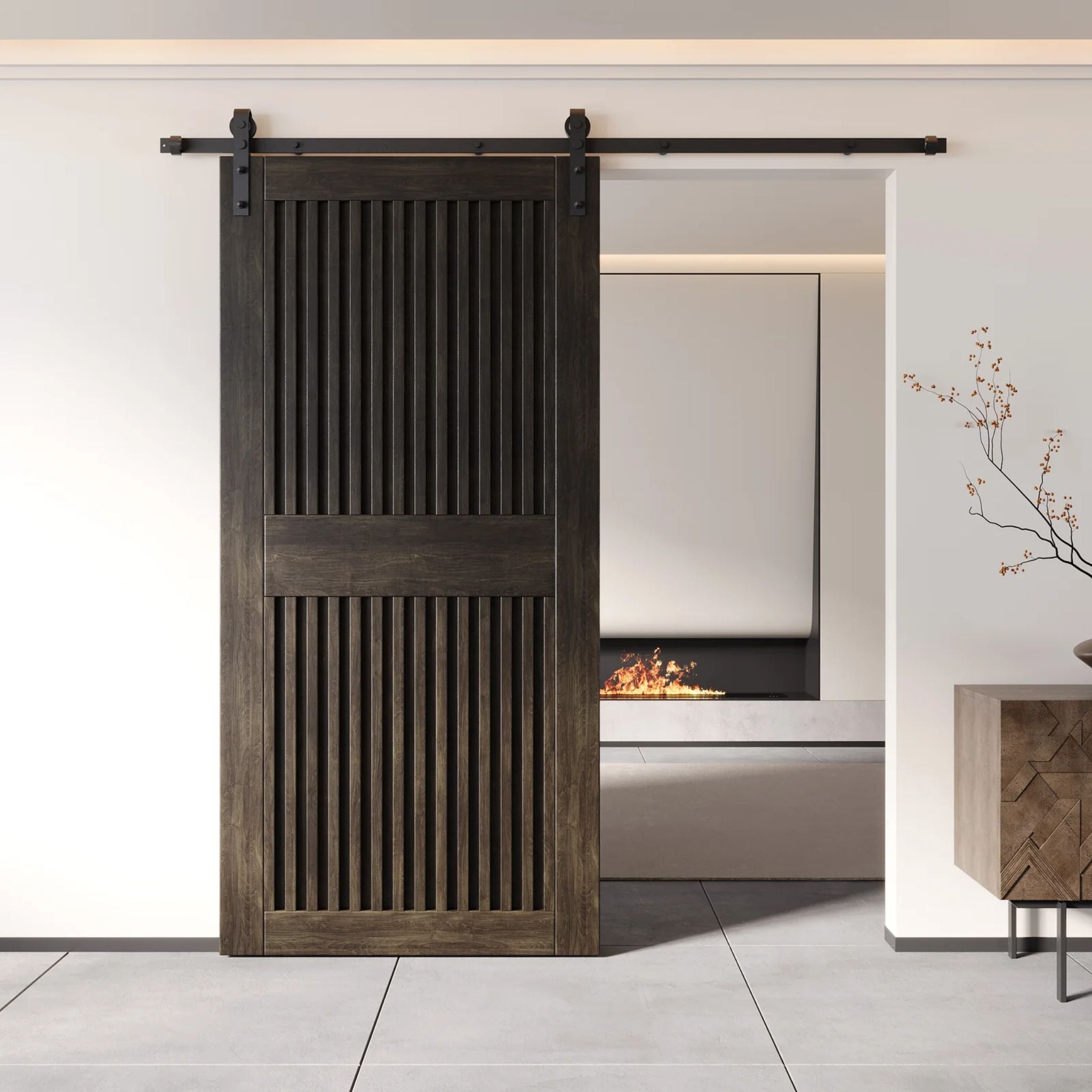 Ebony wooden sliding door in a modern interior setting with a fireplace and decorative elements.