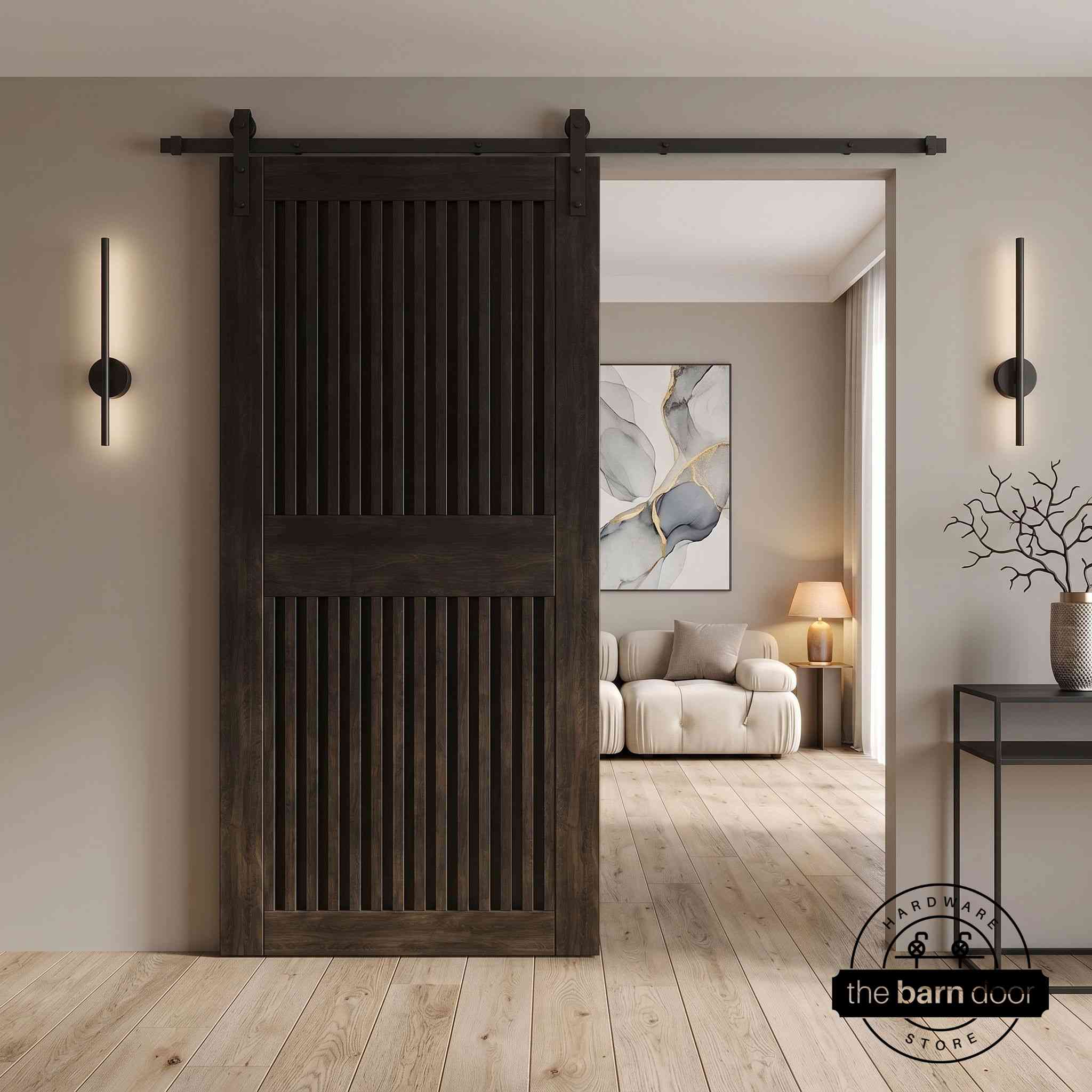 Ebony wooden sliding door in a modern interior setting with a fireplace and decorative elements.