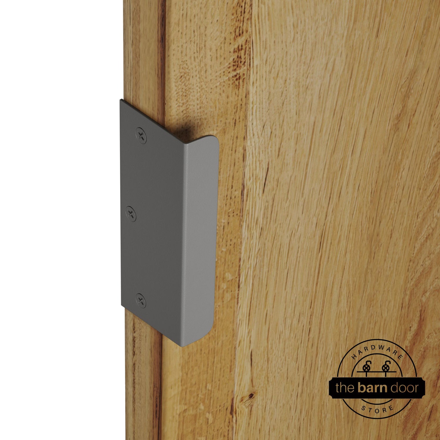 Flint gray sliding barn door edge pull handle on natural wood door edge