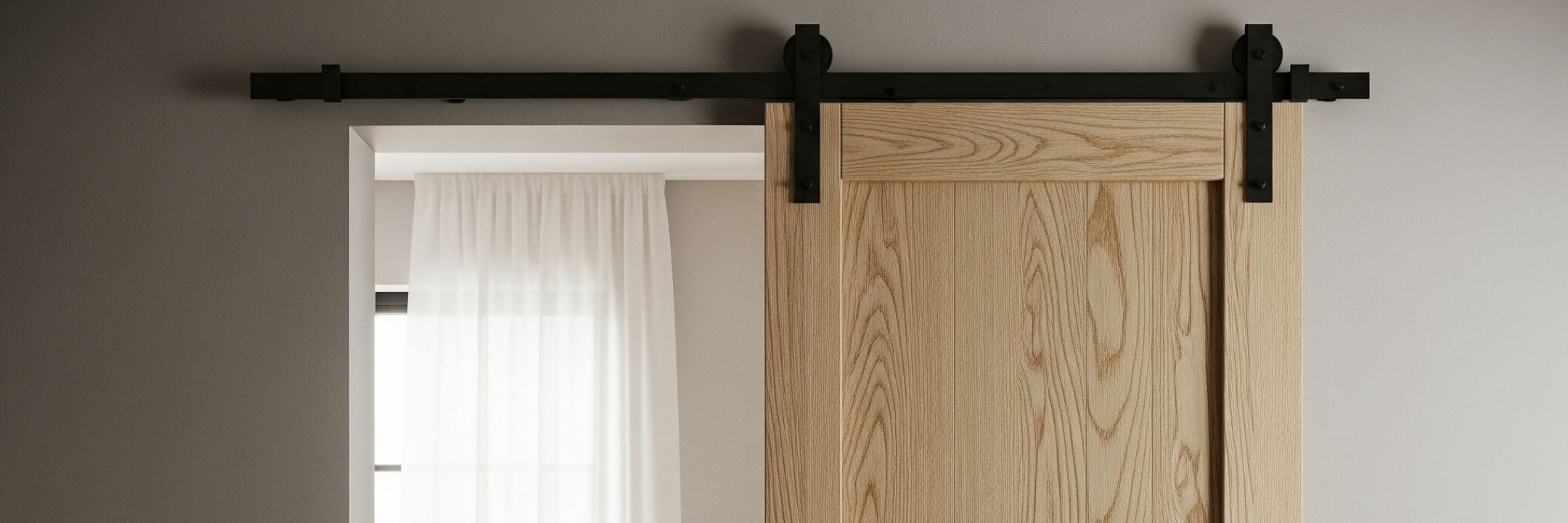 A wide panoramic view of a light-textured wood barn door mounted on a black track system, partially obscuring a window with soft white curtains.