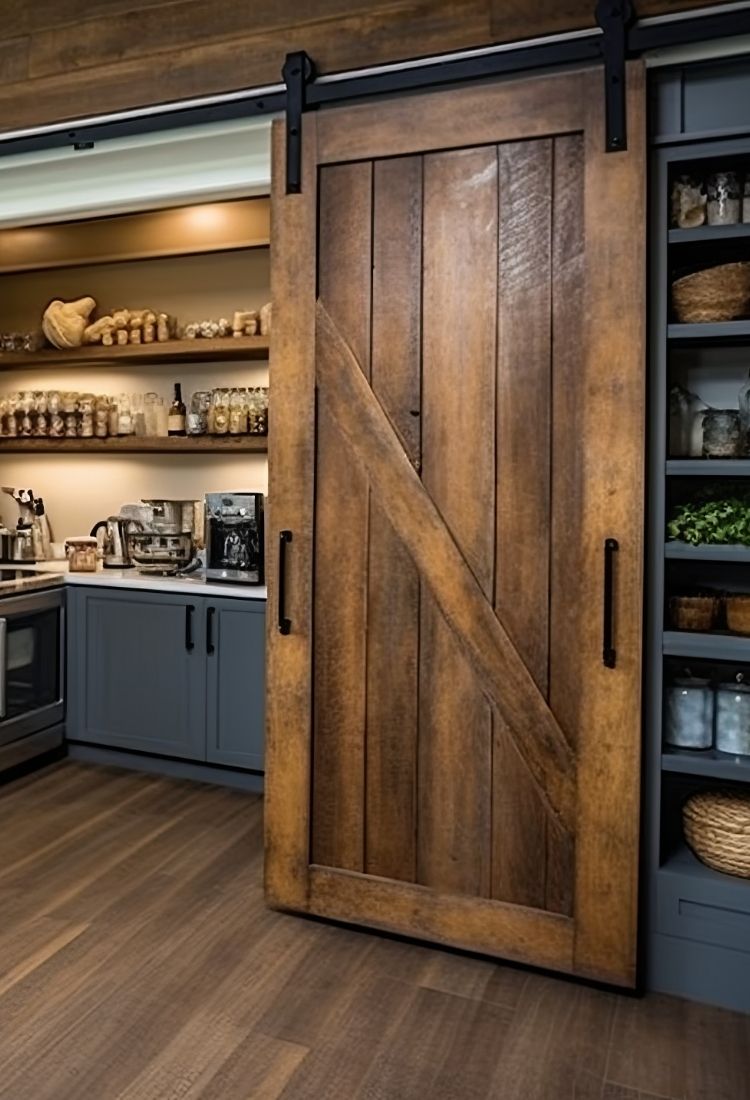 A panoramic kitchen view featuring a large rustic wood barn door used as a pantry entrance, surrounded by white subway tile, open shelving, and industrial farmhouse pendant lights.