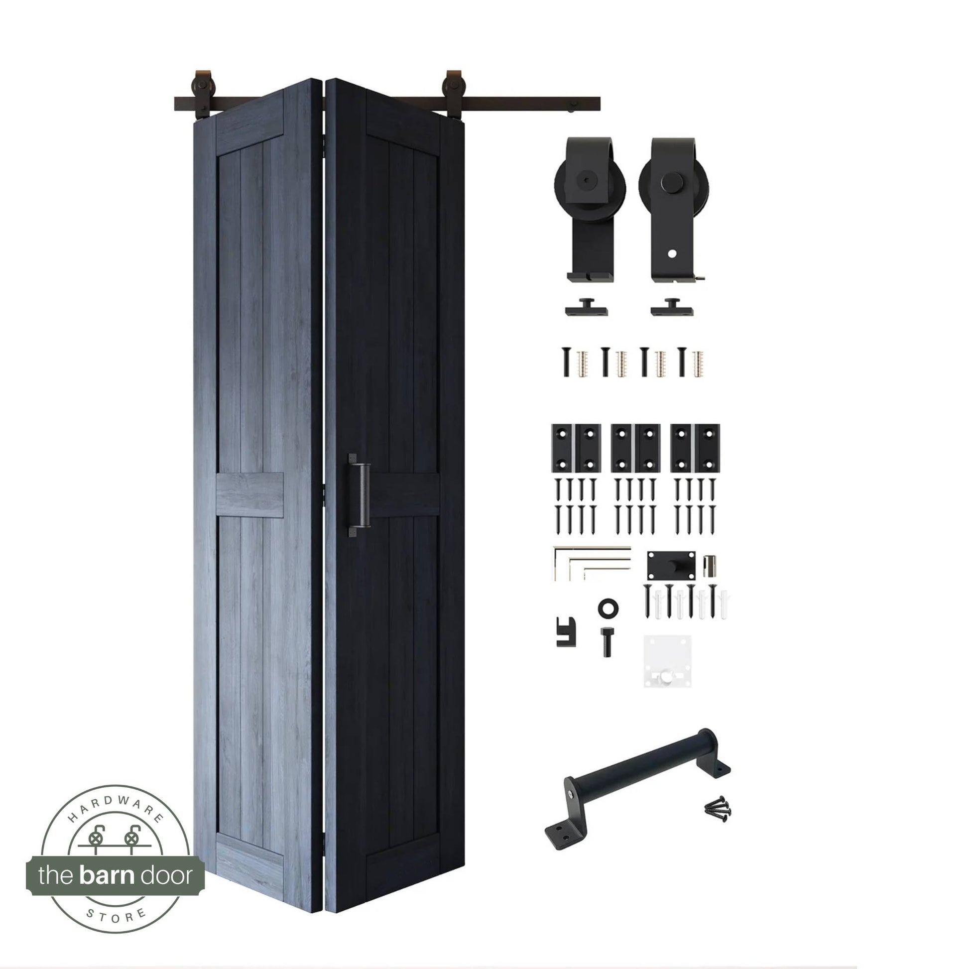 Full kit contents: Partially folded navy blue finished 2-door bifold panels shown next to all hardware components (rollers, track, screws, handle) in Matte Black.