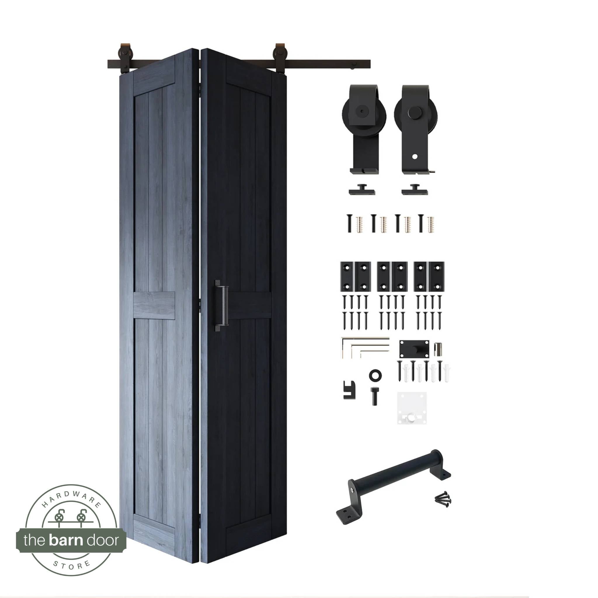 Full kit contents: Partially folded navy blue finished 2-door bifold panels shown next to all hardware components (rollers, track, screws, handle) in Matte Black.