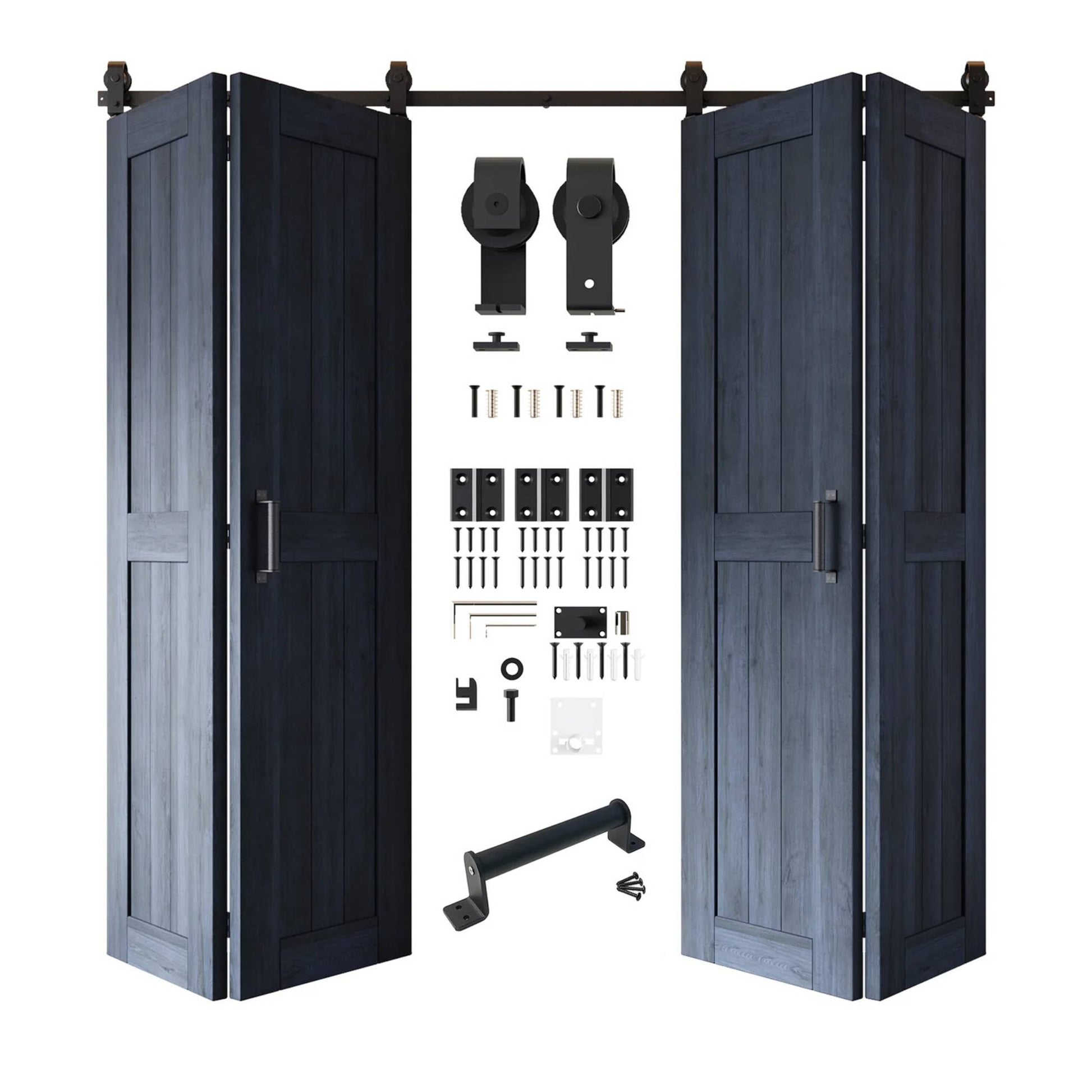 Full kit contents: Four open and partially folded navy bifold door panels shown with all accompanying Matte Black top-mount hardware components.