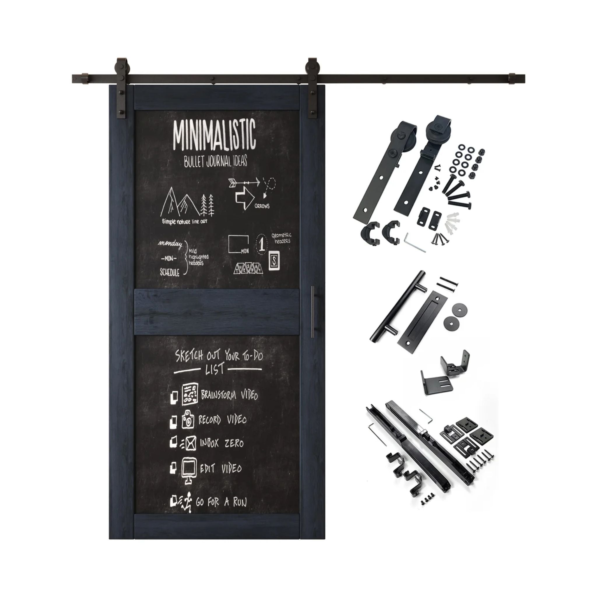 Navy barn door kit with black chalkboard surface and hardware components on a white background
