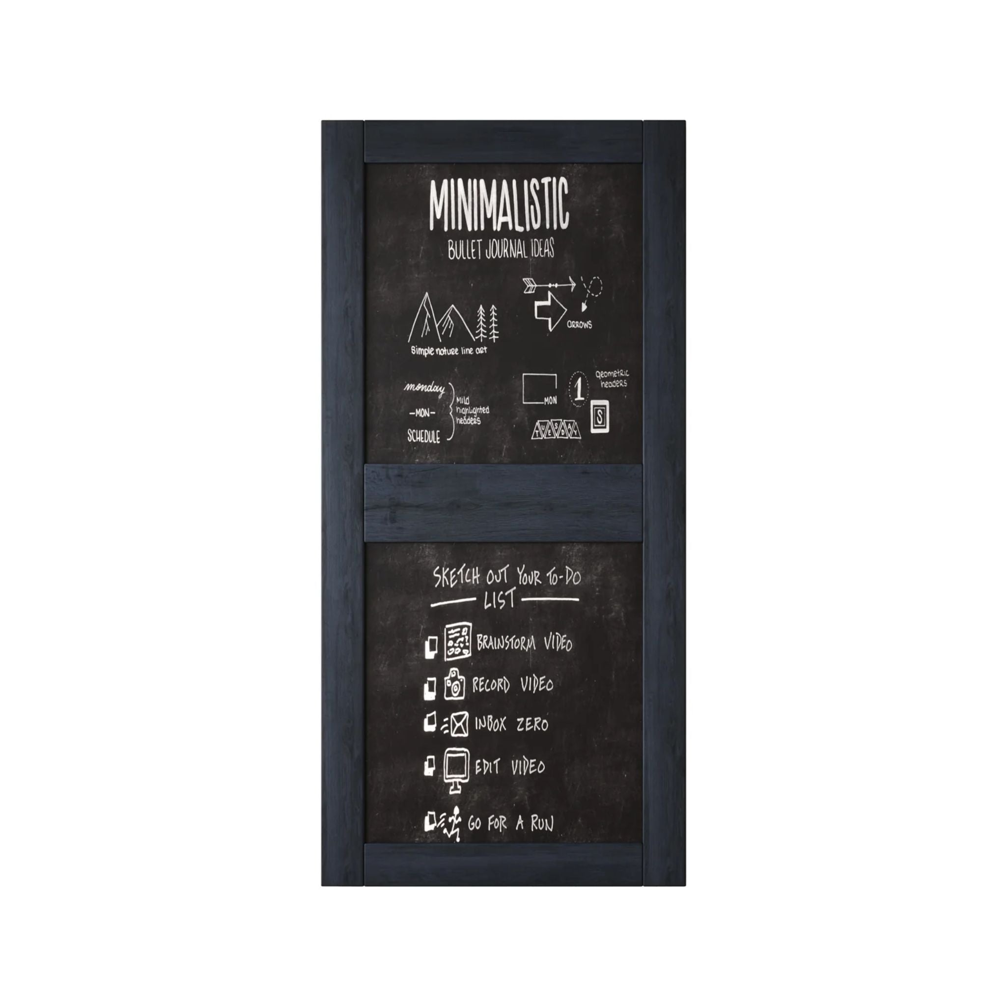 Front view of a vertical navy chalkboard door with two panels.