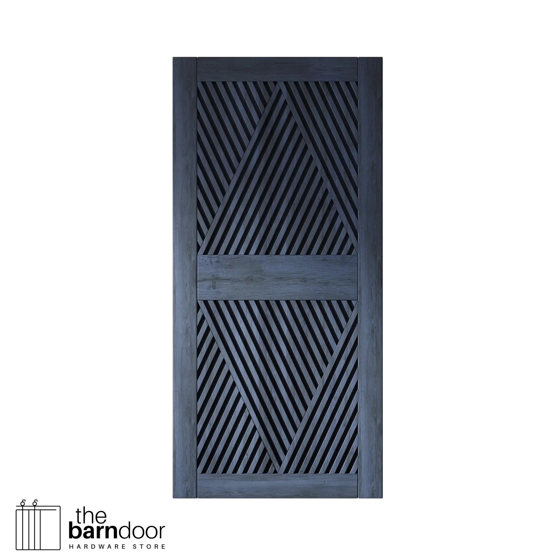 Close-up studio shot of a single navy barn door panel featuring a striking slatted diamond geometric pattern.
