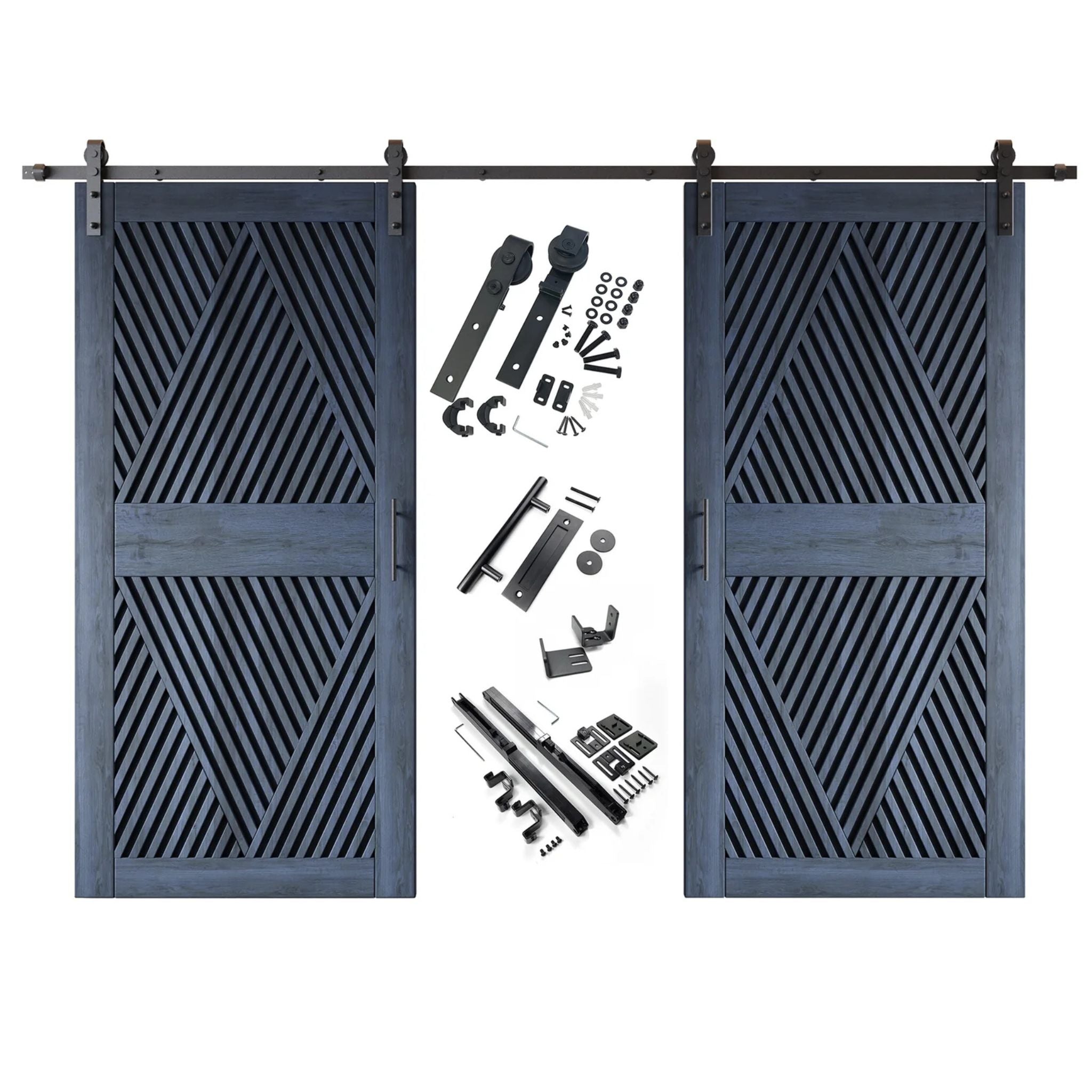 A complete double barn door kit featuring two navy doors with an intricate diamond slat pattern. The black sliding track, rollers, handle, and all mounting components are displayed in the center between the two doors.