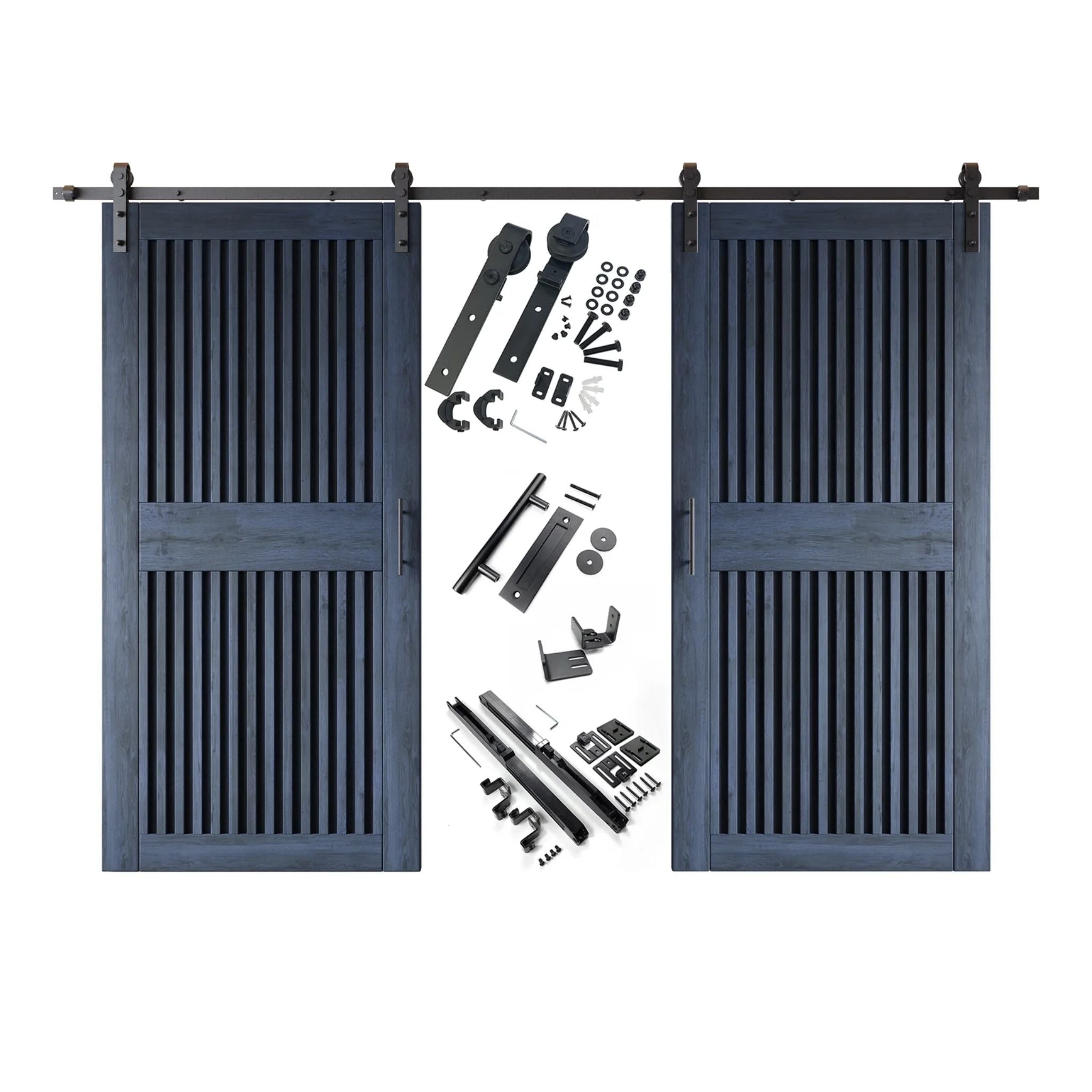 Navy vertical slat barn door set with hardware components on a white background