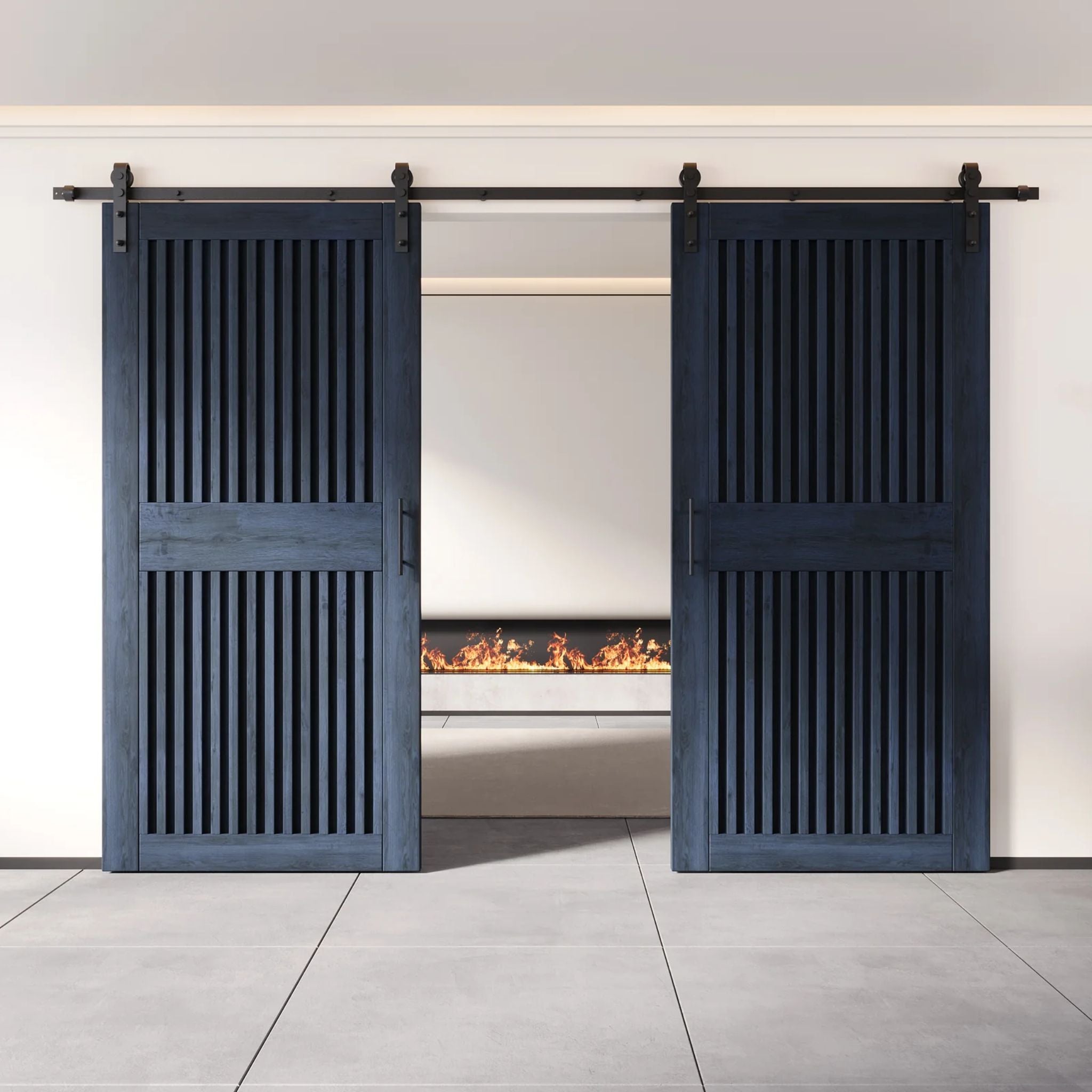 Pair of dark wooden barn doors with a modern fireplace in the background.