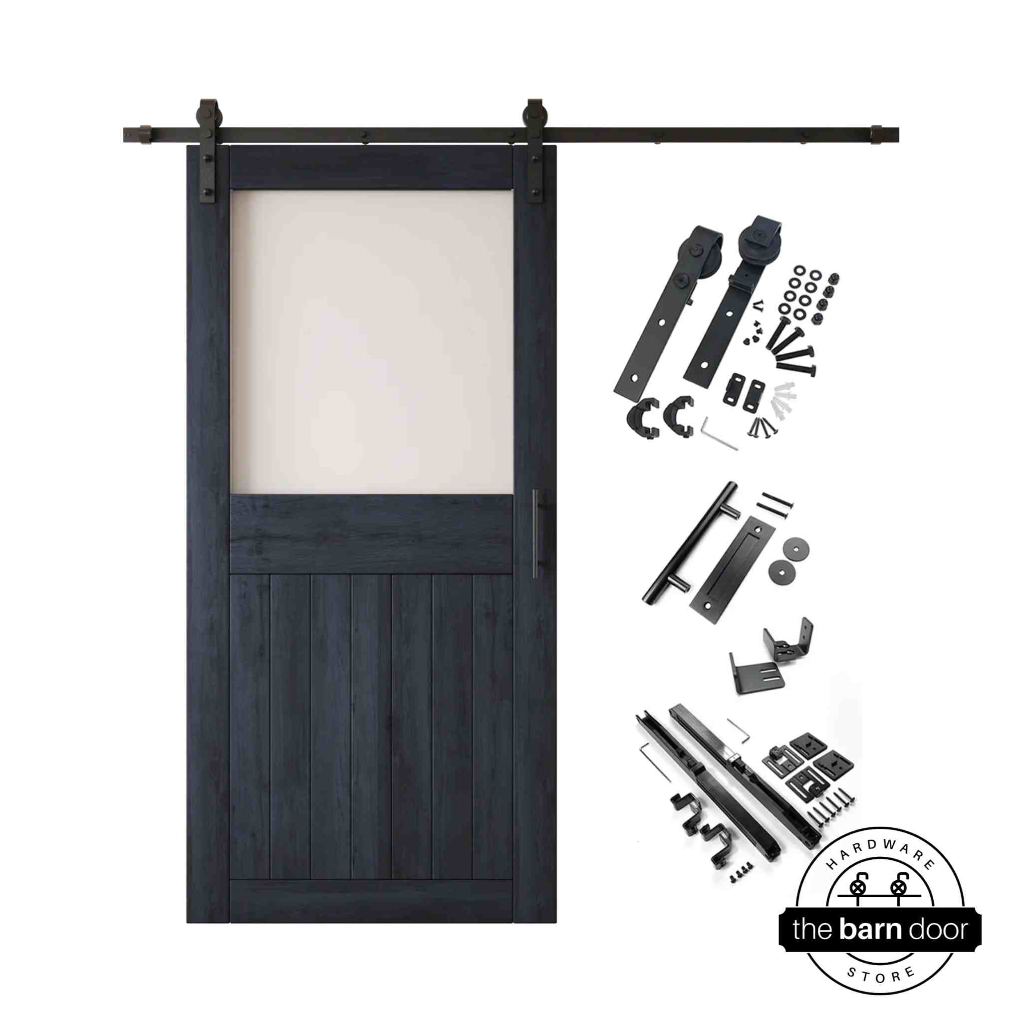 Navy half-lite barn door kit with wooden door, hardware, and components on a white background
