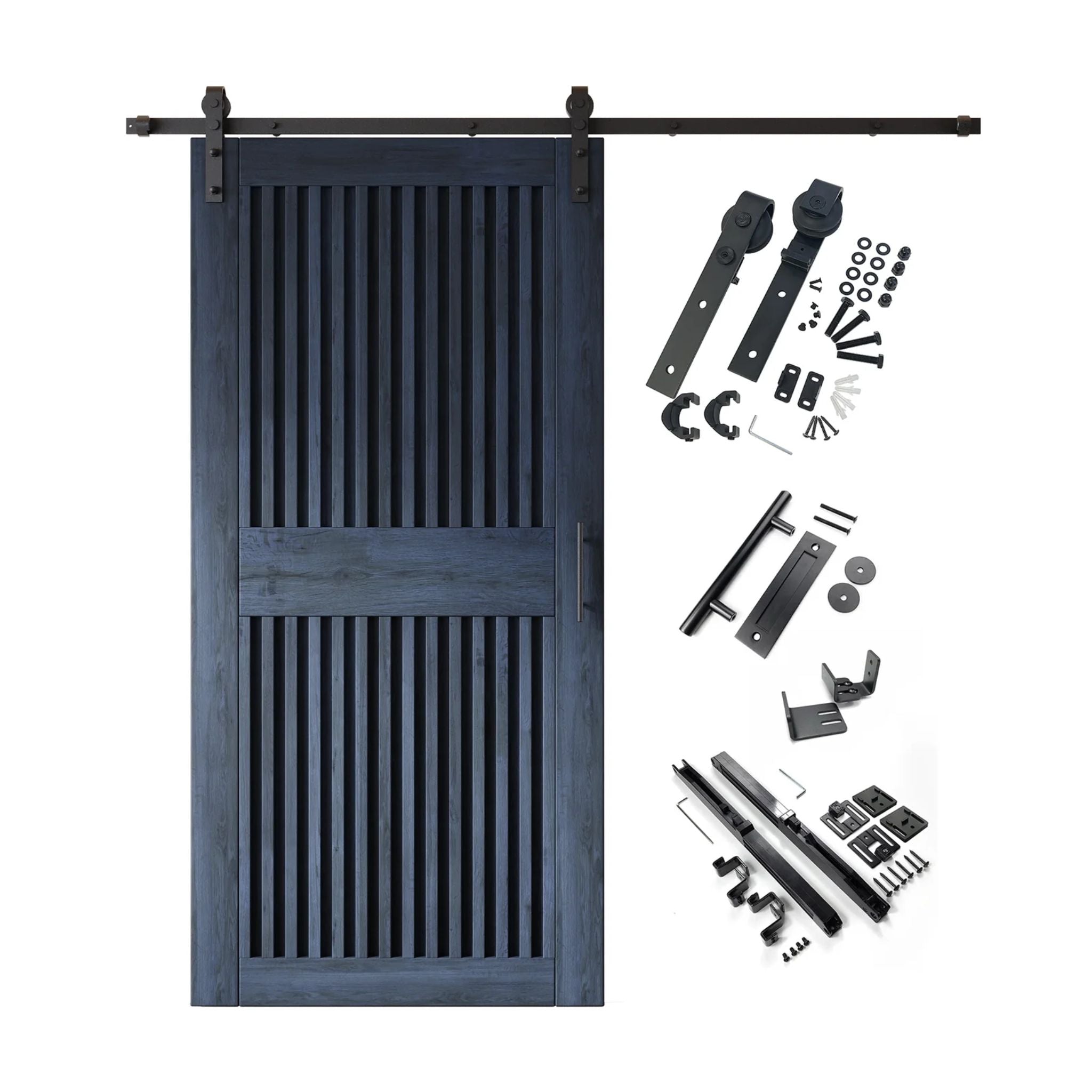 Navy barn door kit with wooden door, hardware, and installation parts on a white background