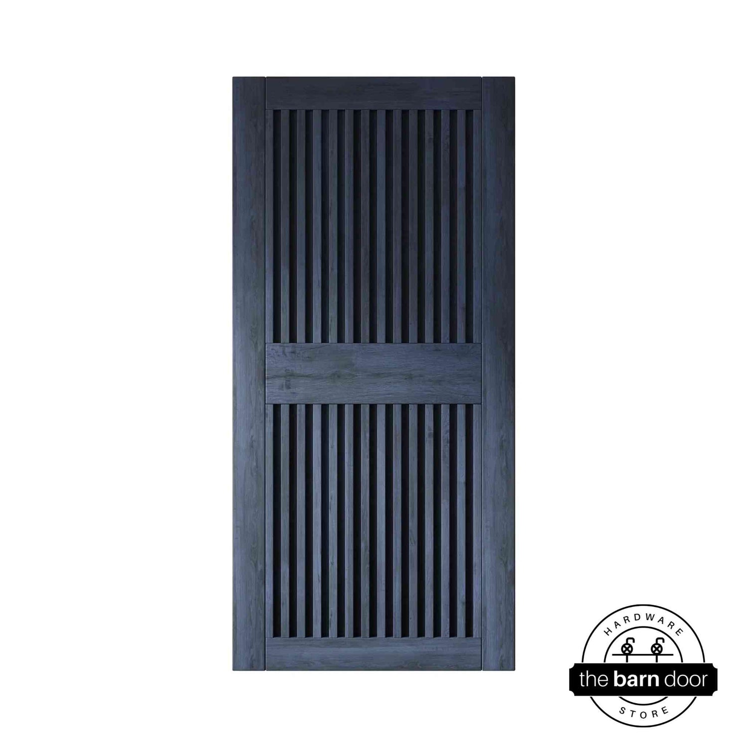 Navy wooden door with vertical slats on a white background