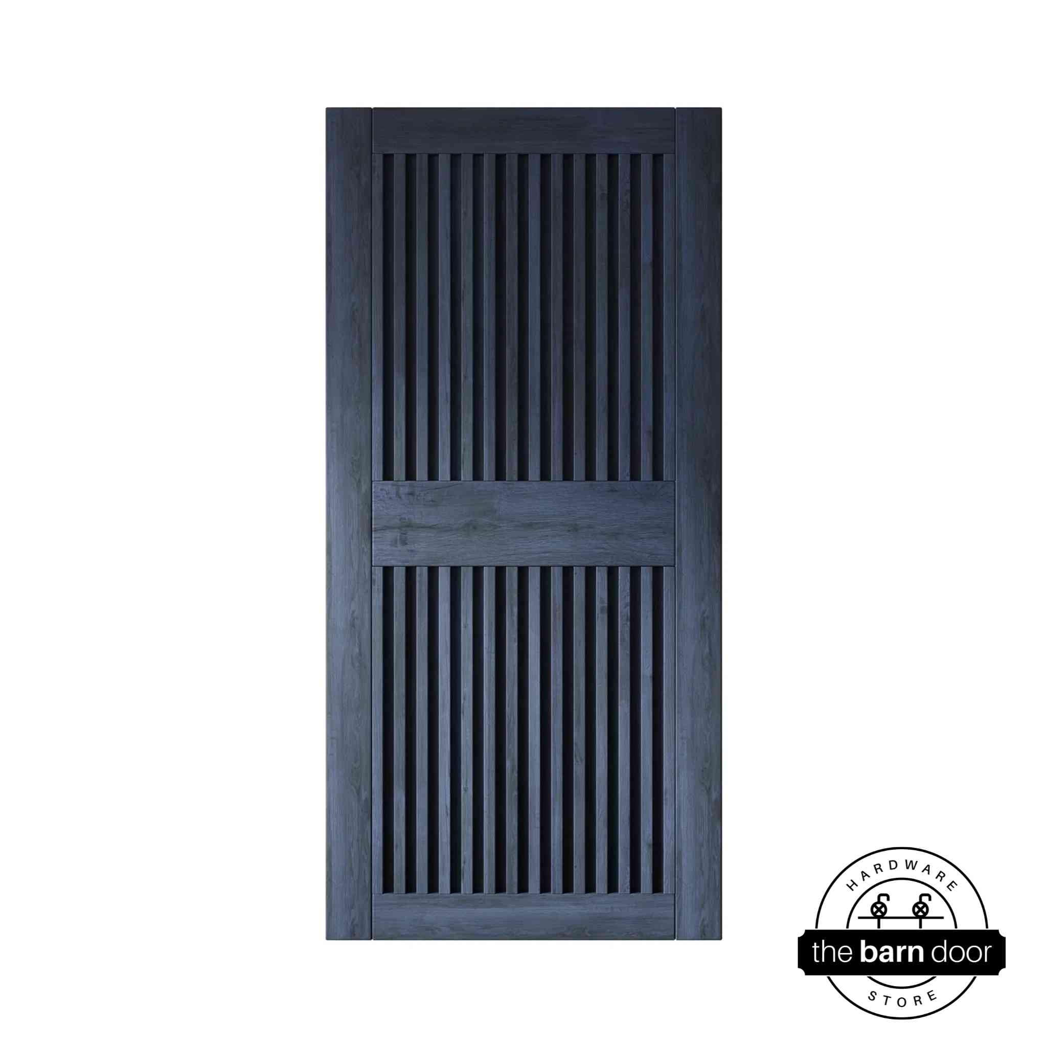 Navy wooden door with vertical slats on a white background