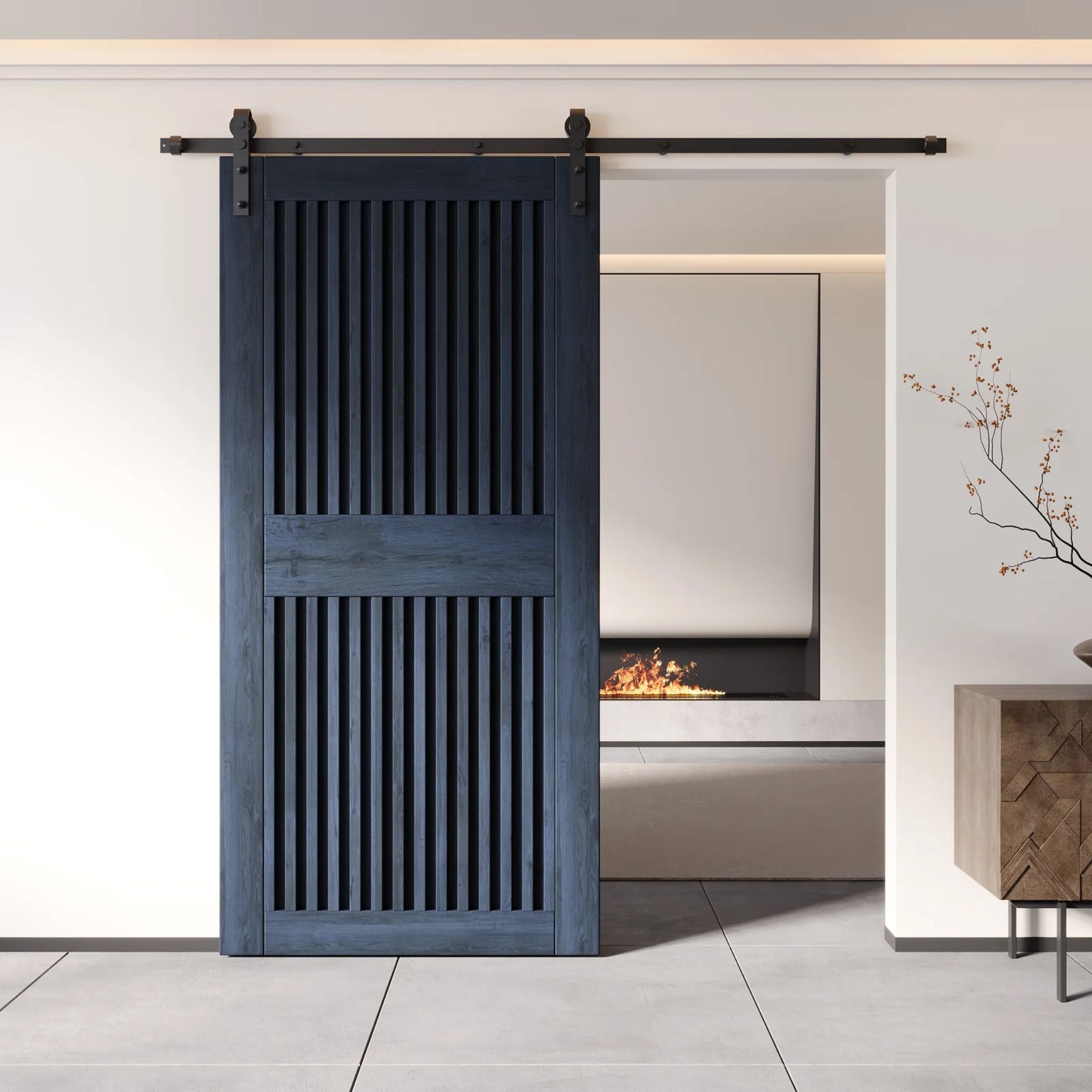 Modern interior with a navy wooden sliding door in a neutral setting