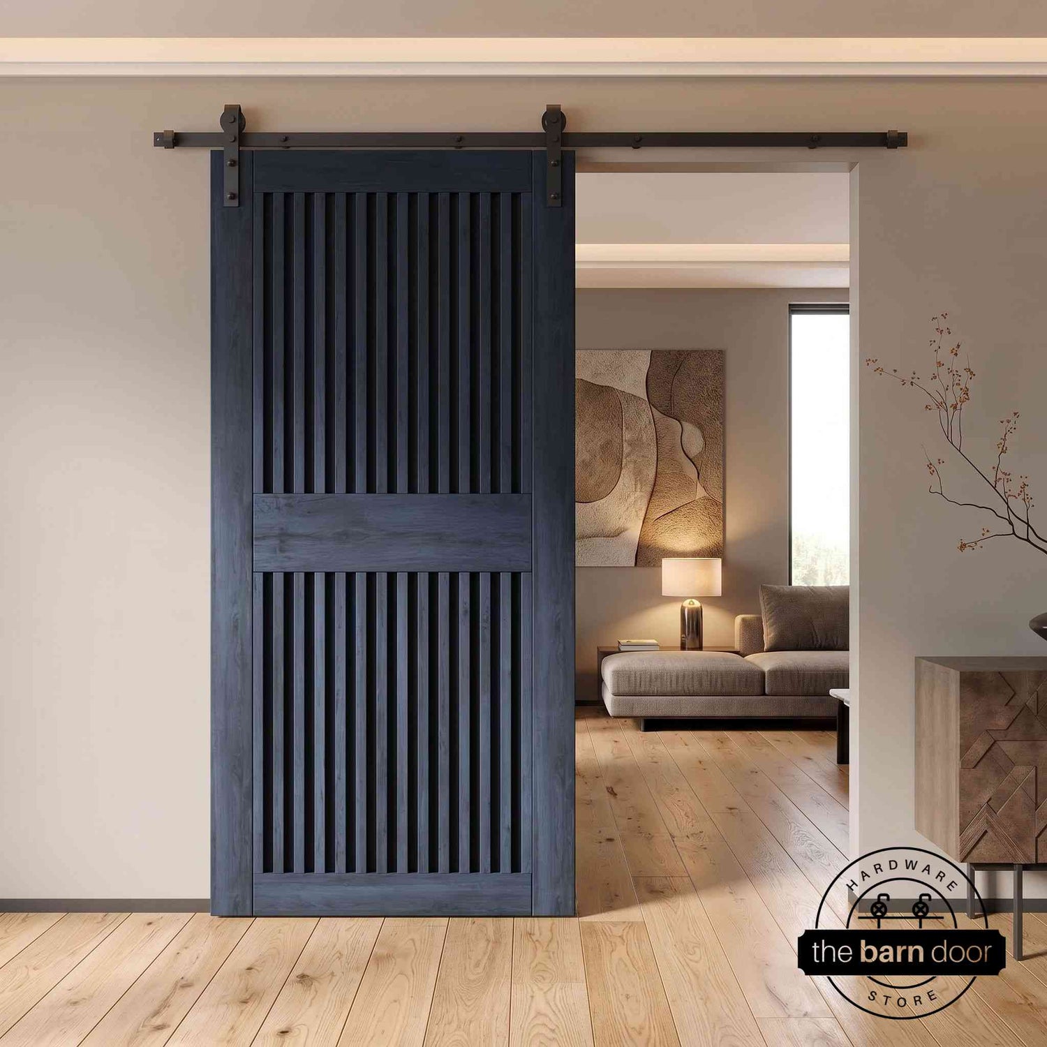 Modern interior with a navy wooden sliding door in a neutral setting