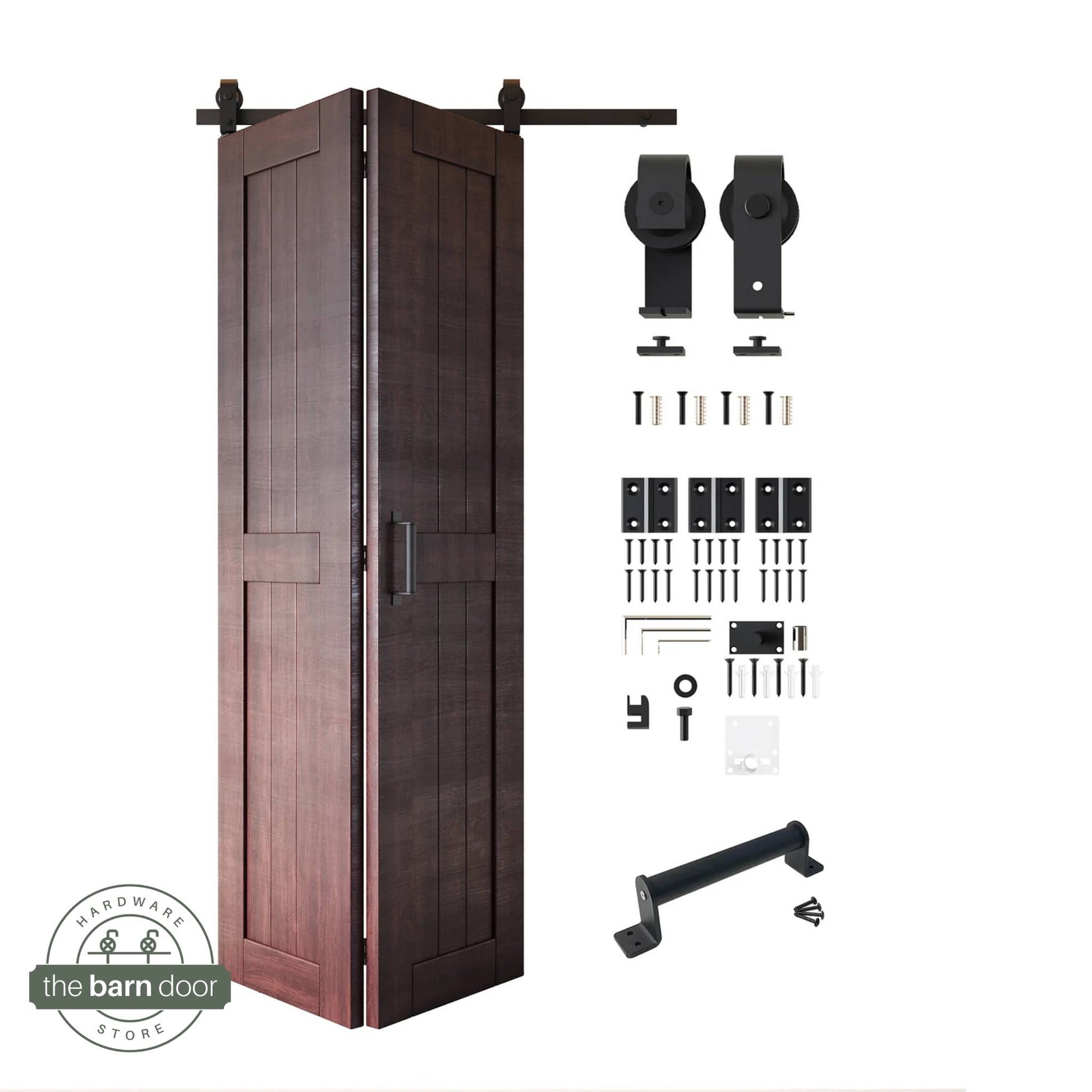 Full kit contents: Partially folded red mahogany finished 2-door bifold panels shown next to all hardware components (rollers, track, screws, handle) in Matte Black.