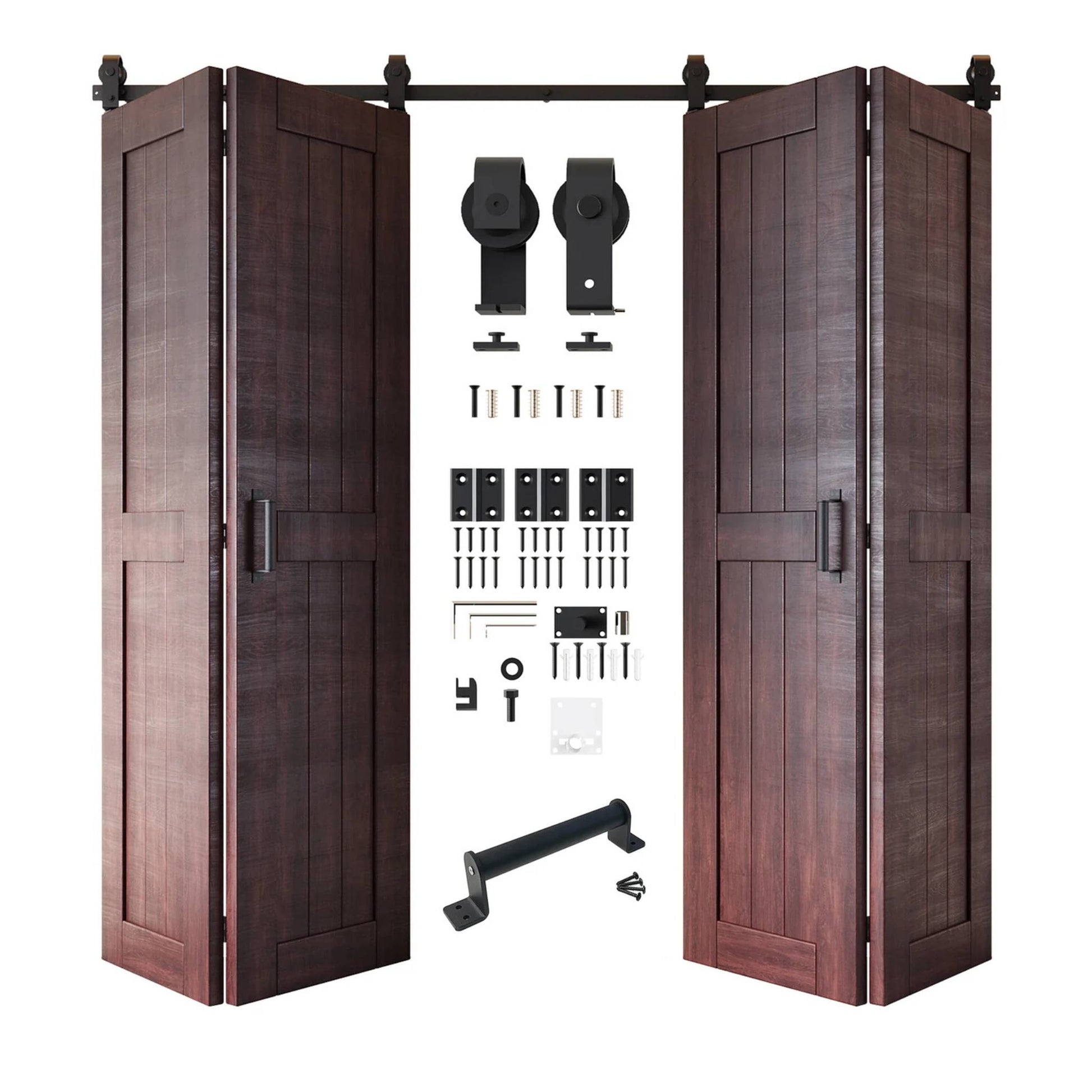 Full kit contents: Four open and partially folded red mahogany bifold door panels shown with all accompanying Matte Black top-mount hardware components.