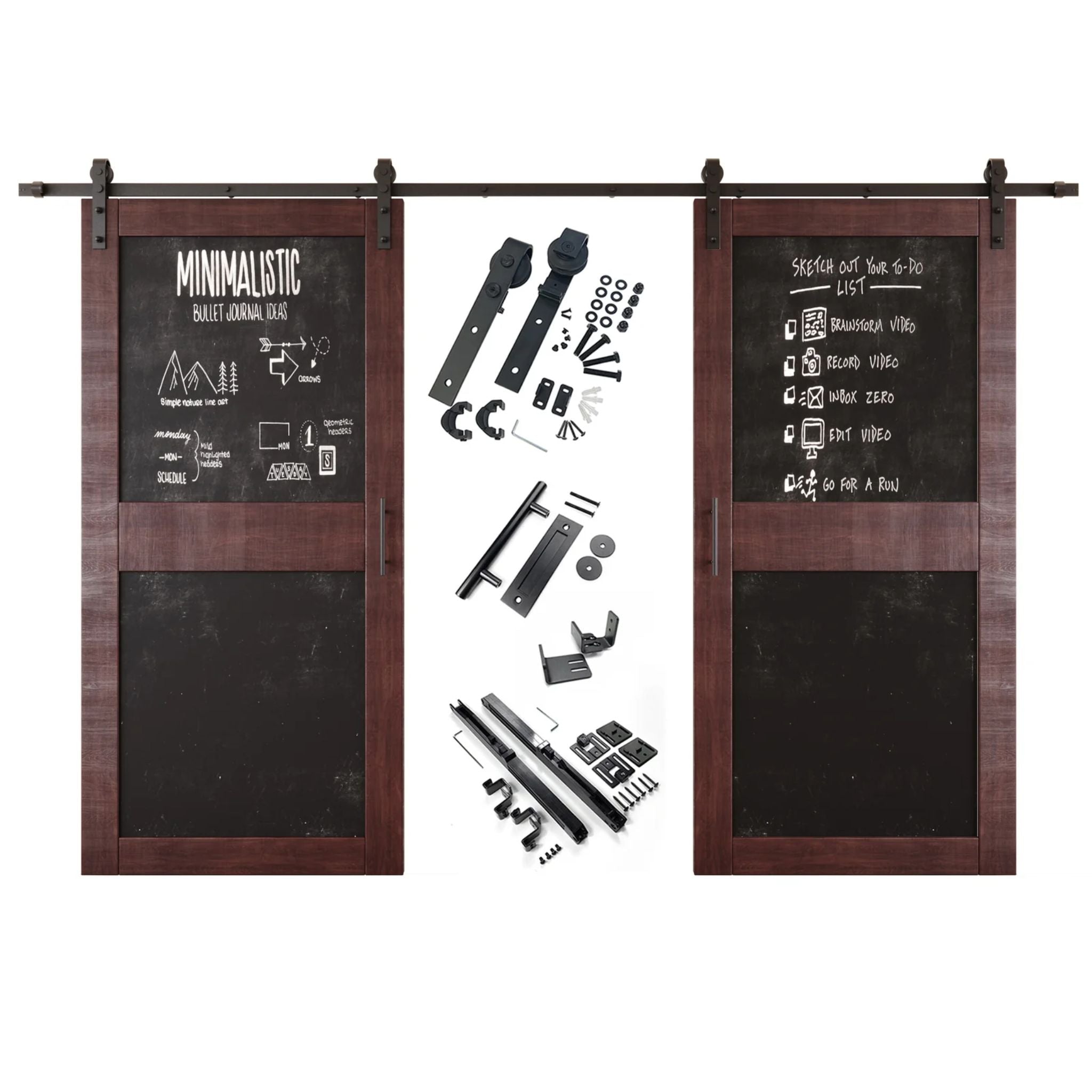 Red mahogany barn door set with black chalkboard panels and hardware components on a white background