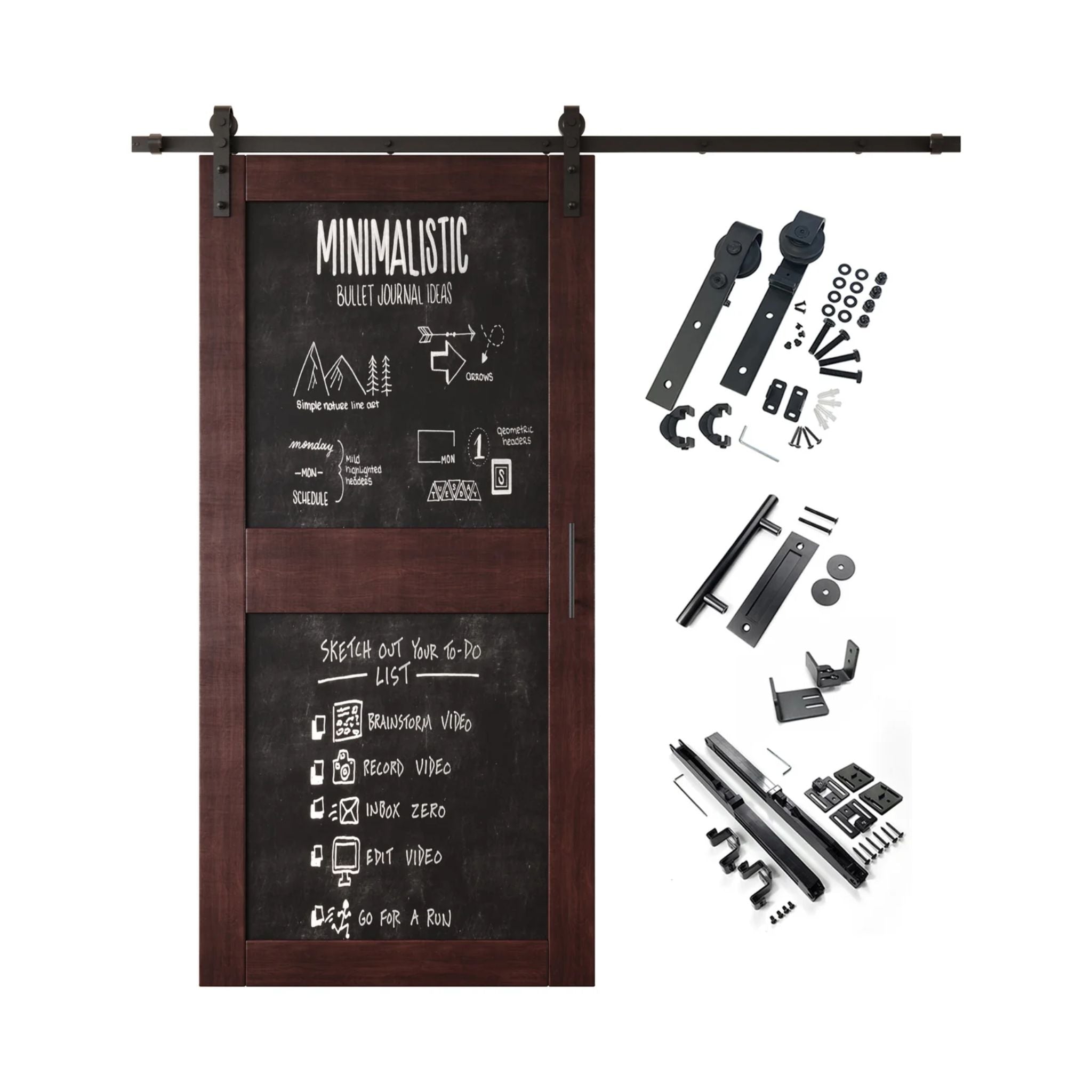 Red mahogany barn door kit with black chalkboard surface and hardware components on a white background
