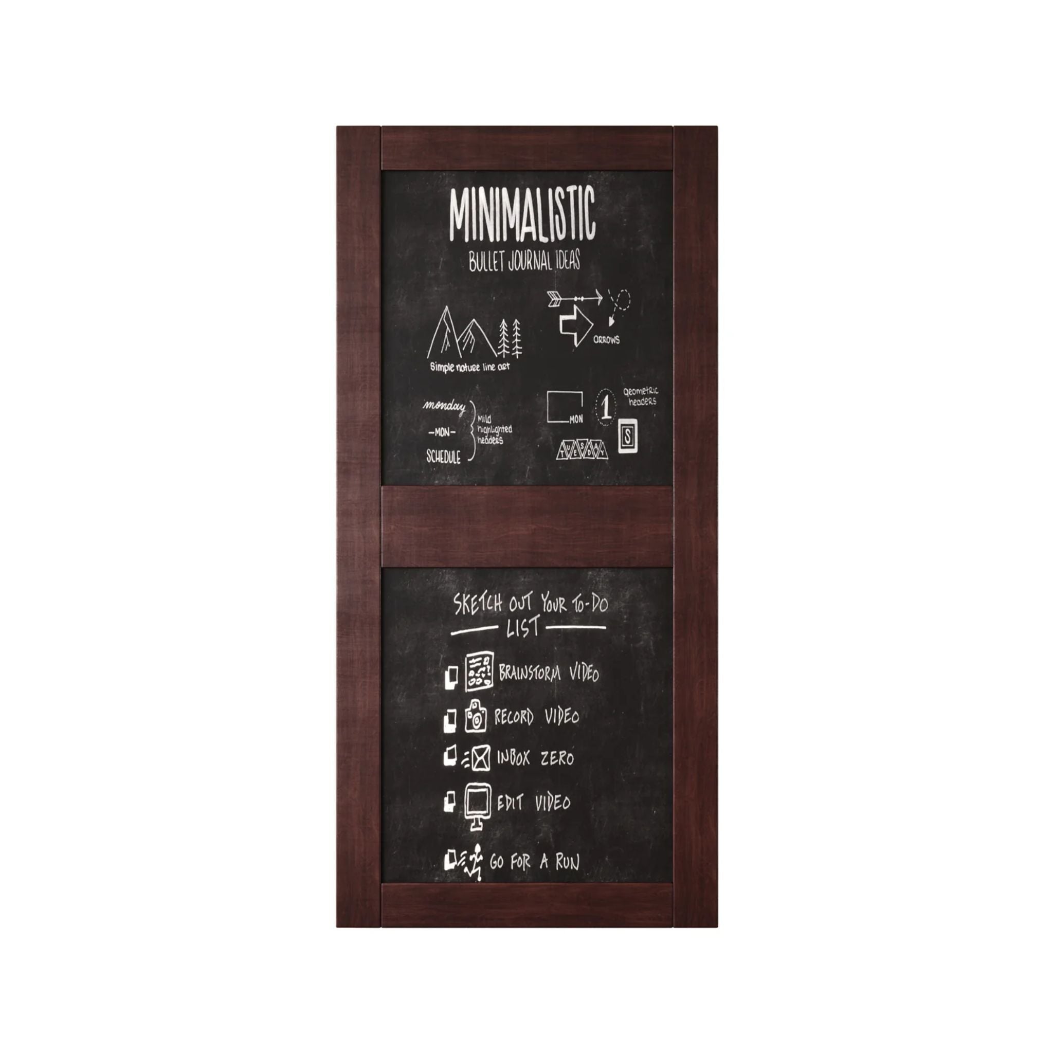 Front view of a vertical red mahogany chalkboard door with two panels.