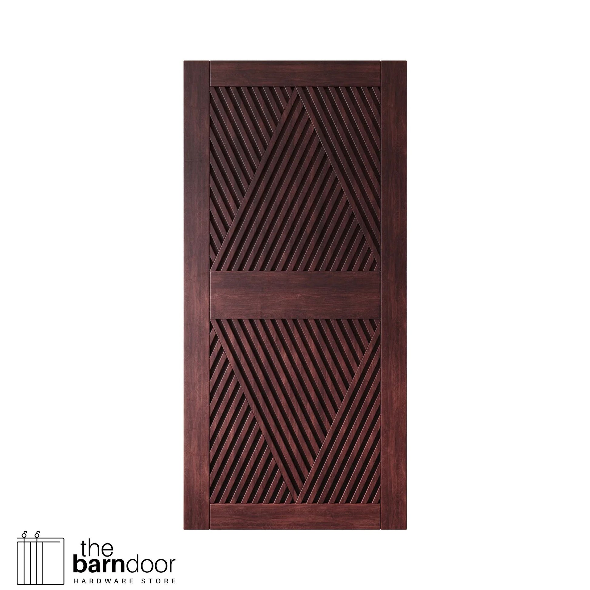 Close-up studio shot of a single red mahogany barn door panel featuring a striking slatted diamond geometric pattern.