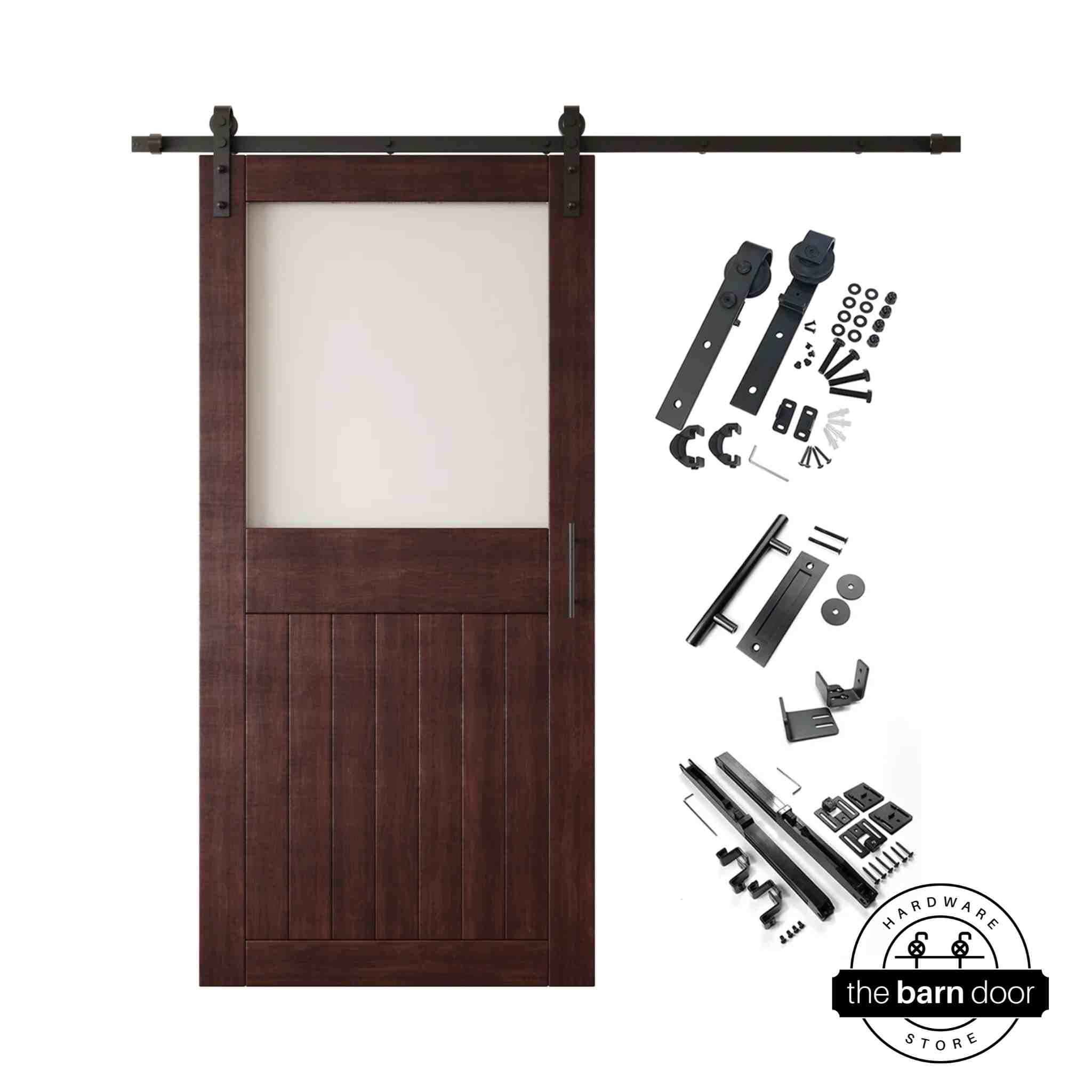 Red mahogany half-lite barn door kit with wooden door, hardware, and components on a white background
