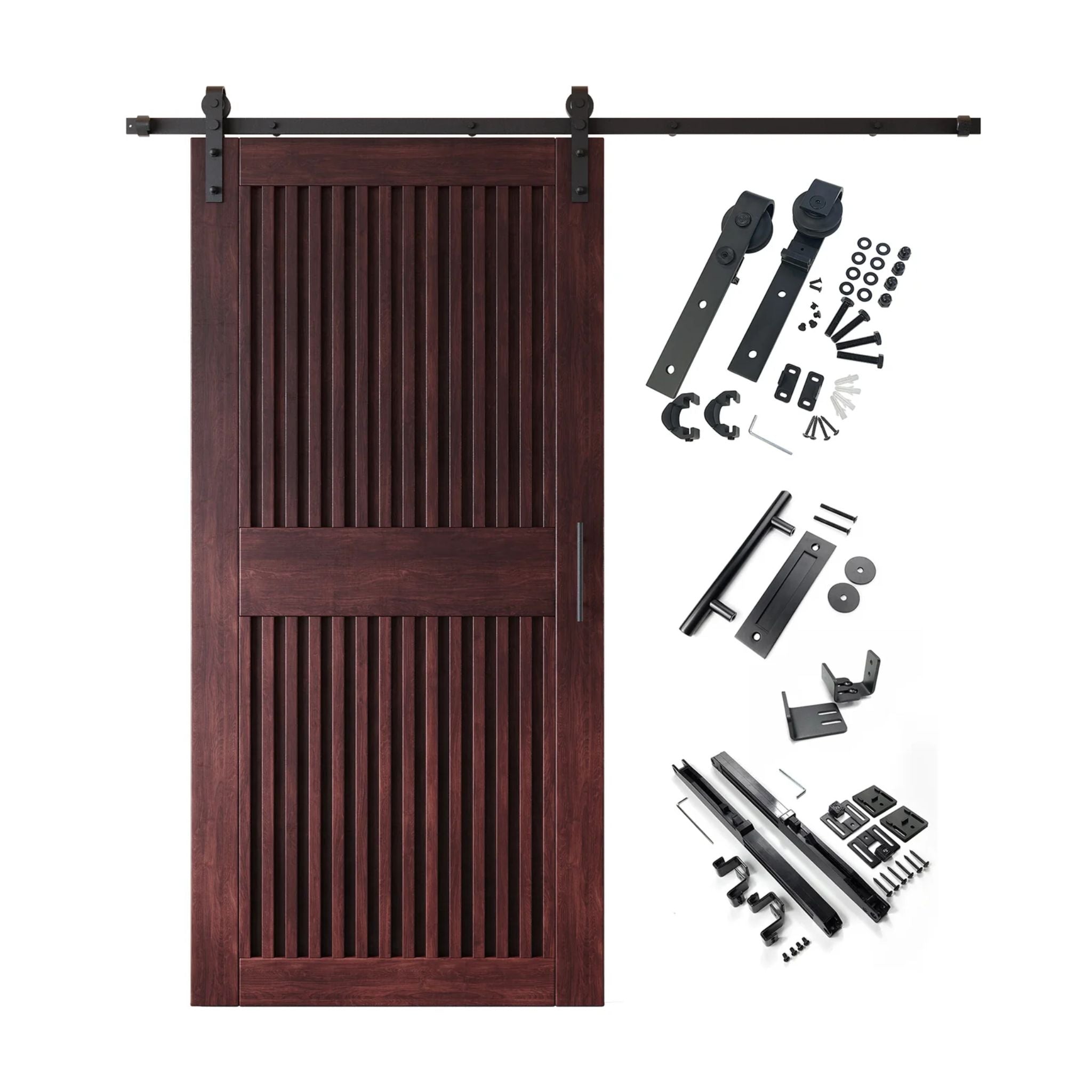 Red. Mahogany barn door kit with wooden door, hardware, and installation parts on a white background