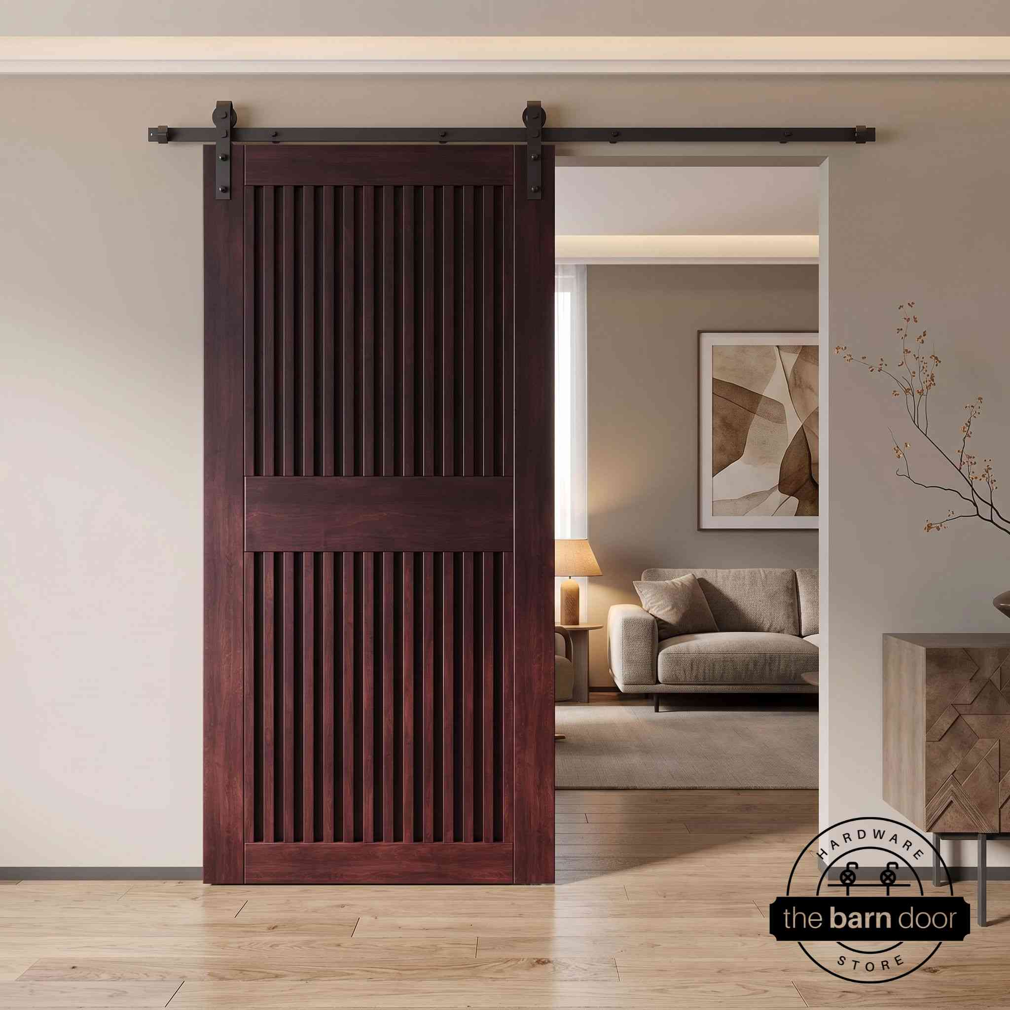 Red mahogany wooden sliding door in a modern interior setting with a fireplace.