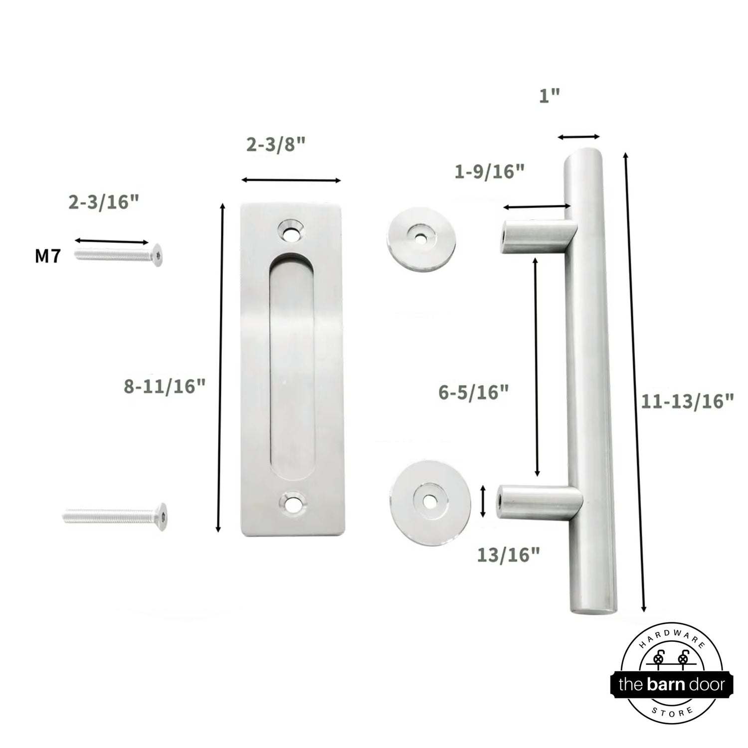 Stainless steel door handle and latch set with dimensions labeled on a white background