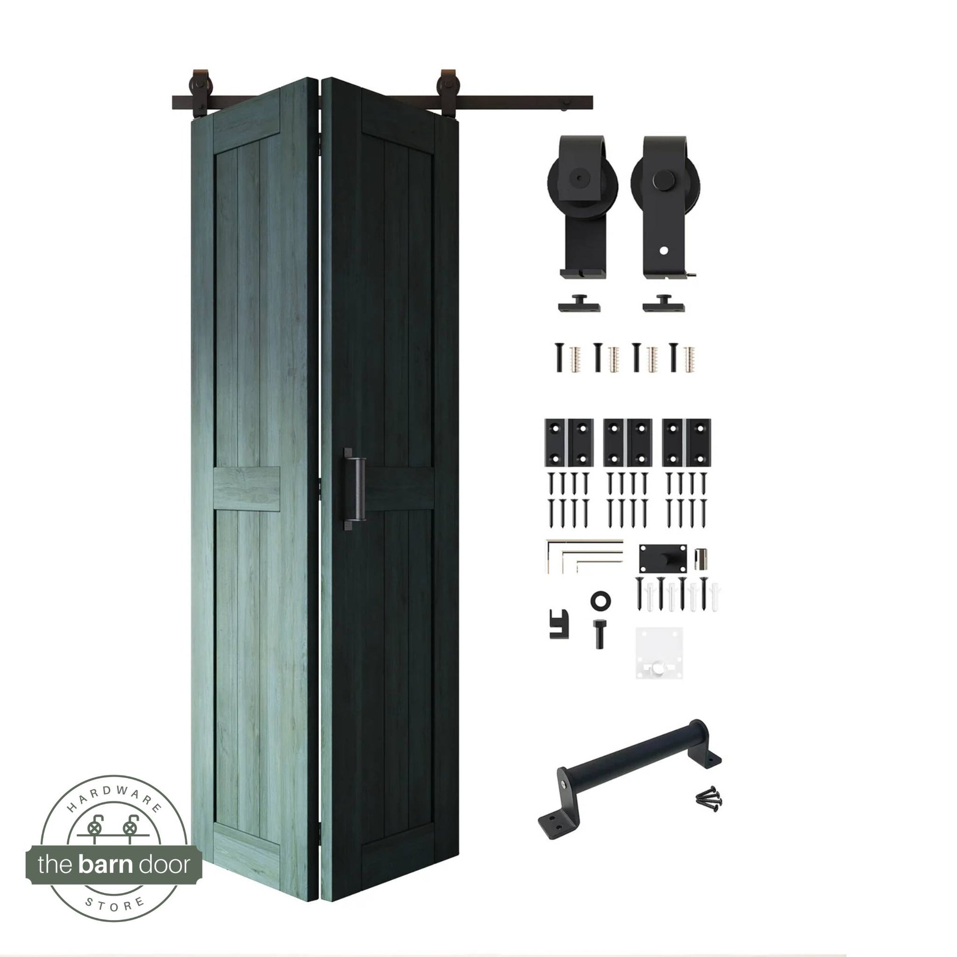 Full kit contents: Partially folded royal pine finished 2-door bifold panels shown next to all hardware components (rollers, track, screws, handle) in Matte Black.