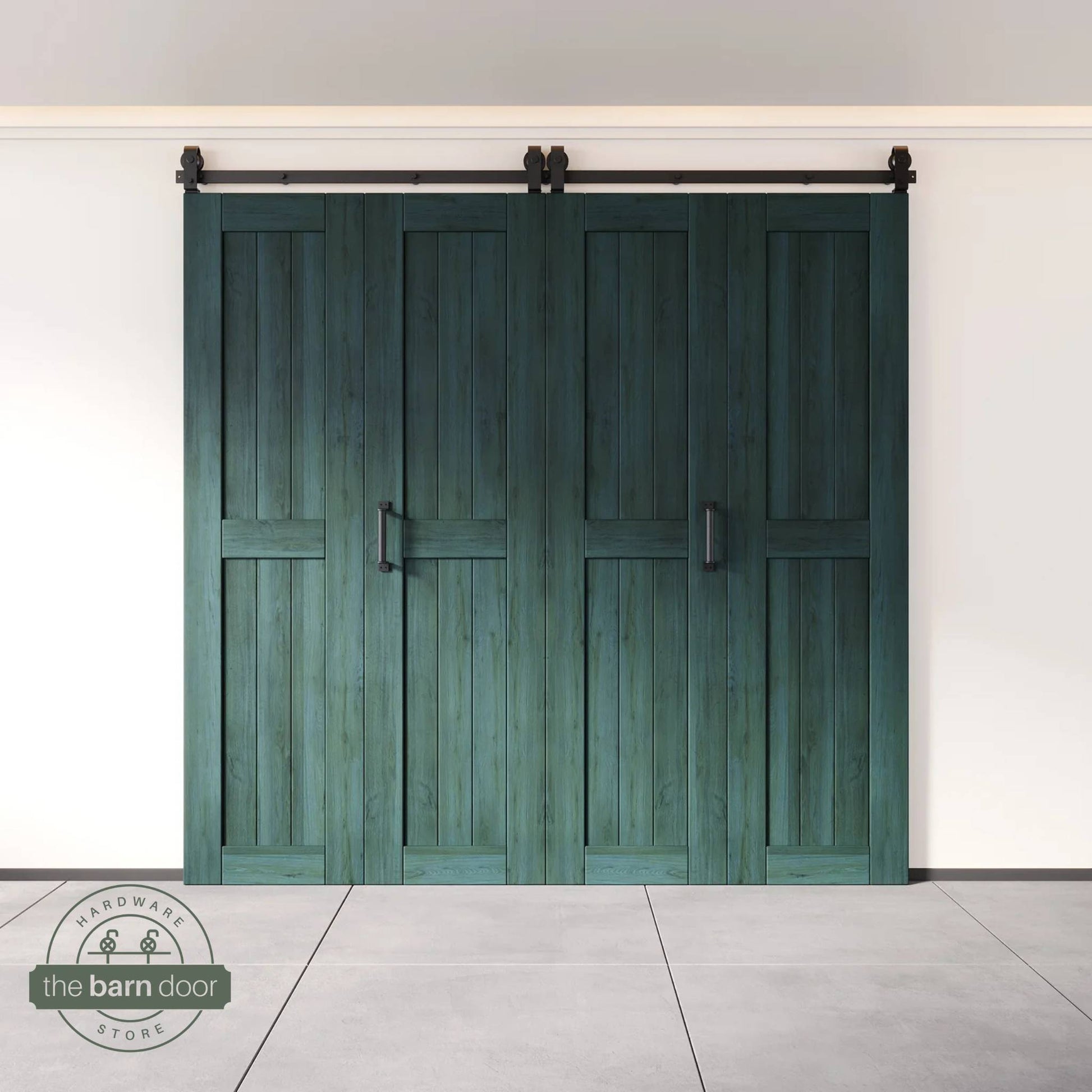 Four-panel bi-parting bifold barn door in a royal pine finish, fully closed in a modern entryway, showing the top-mount Matte Black track.