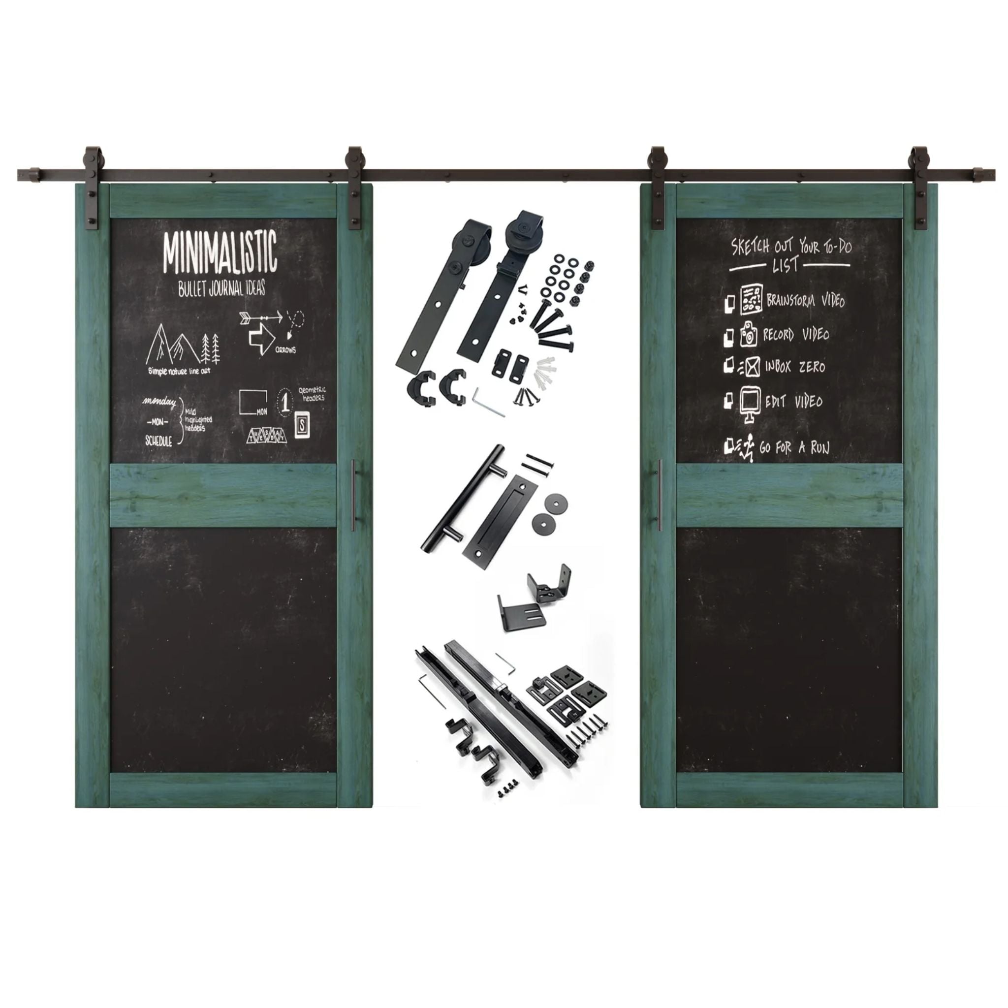 Royal pine barn door set with black chalkboard panels and hardware components on a white background