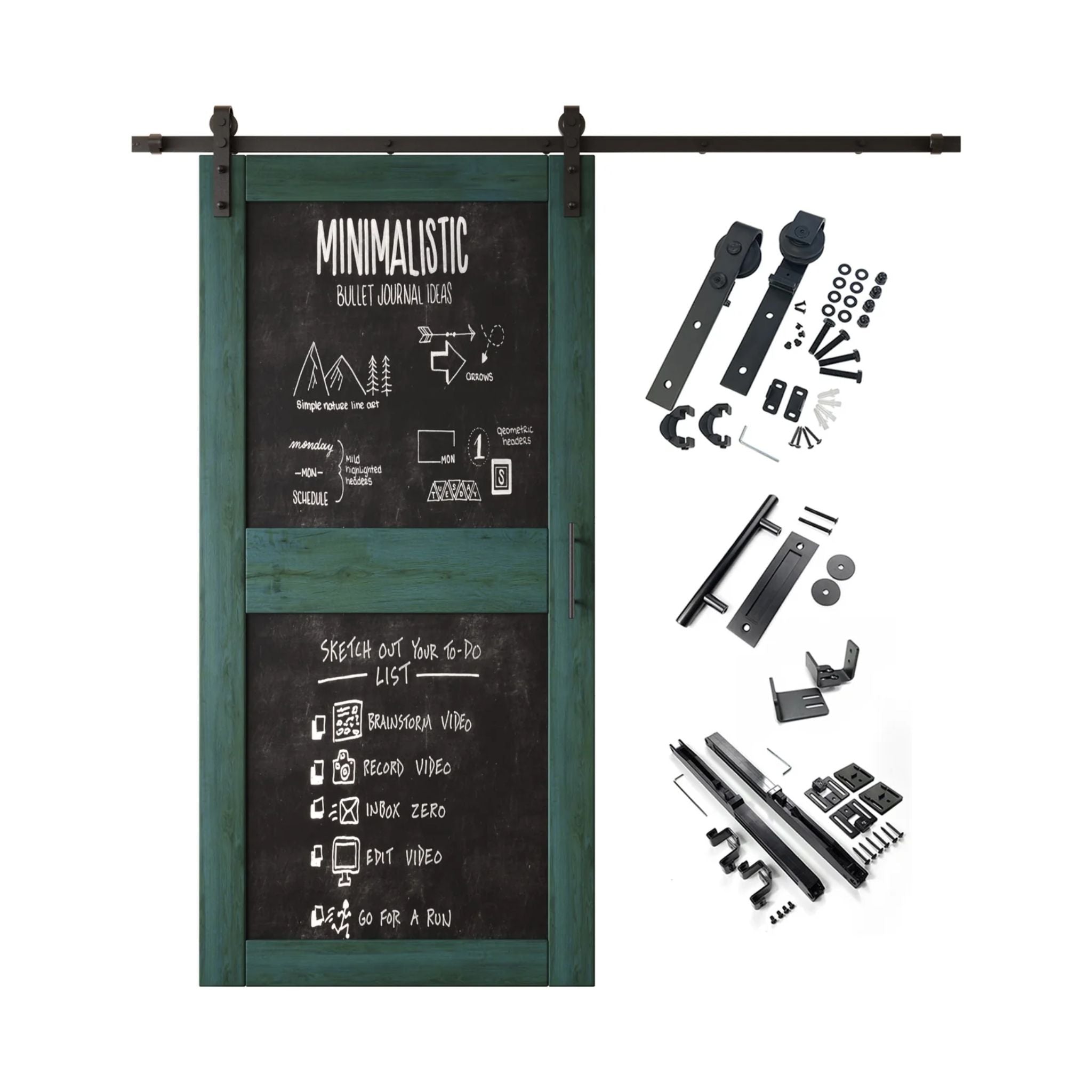 Royal pine barn door kit with black chalkboard surface and hardware components on a white background