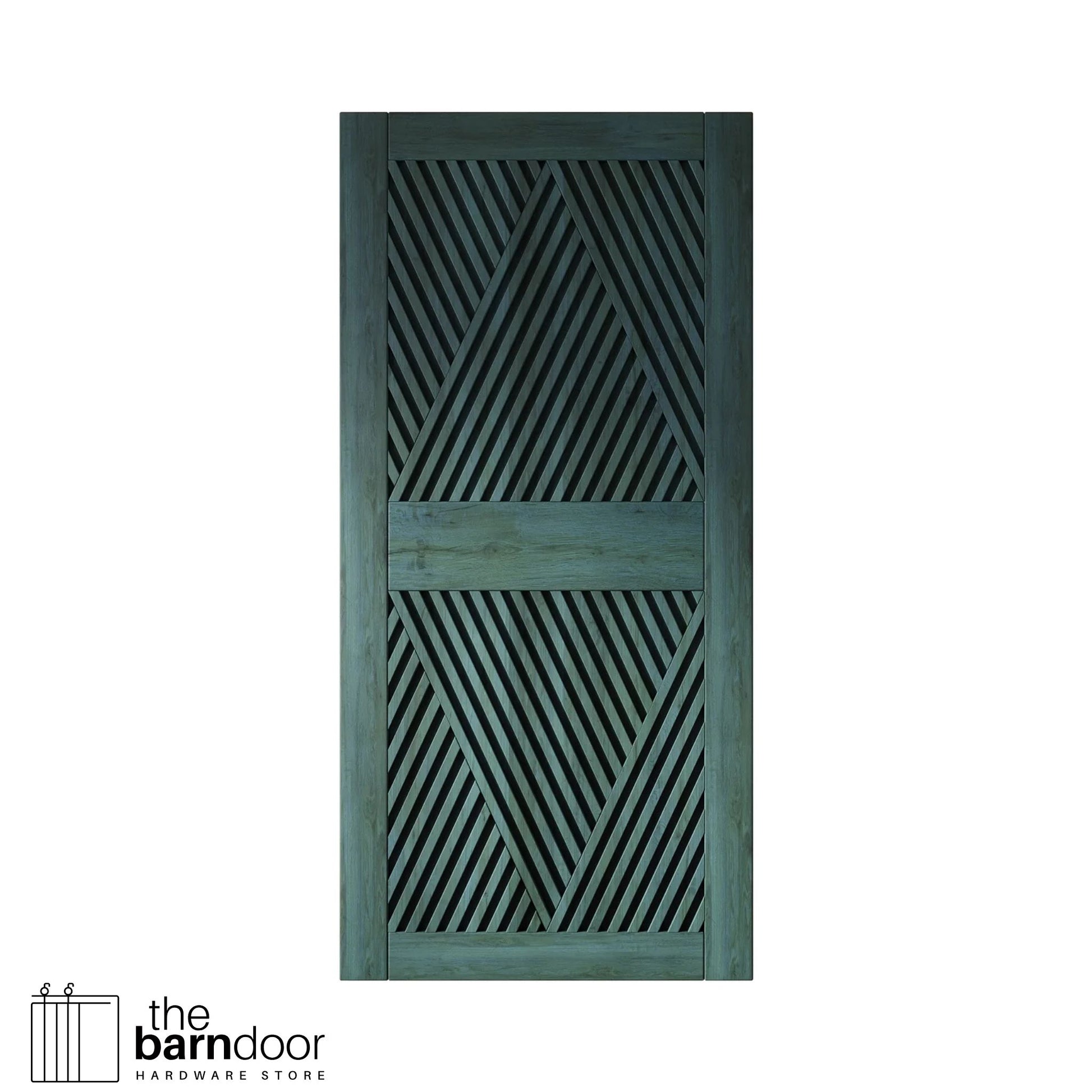 Close-up studio shot of a single royal pine barn door panel featuring a striking slatted diamond geometric pattern.