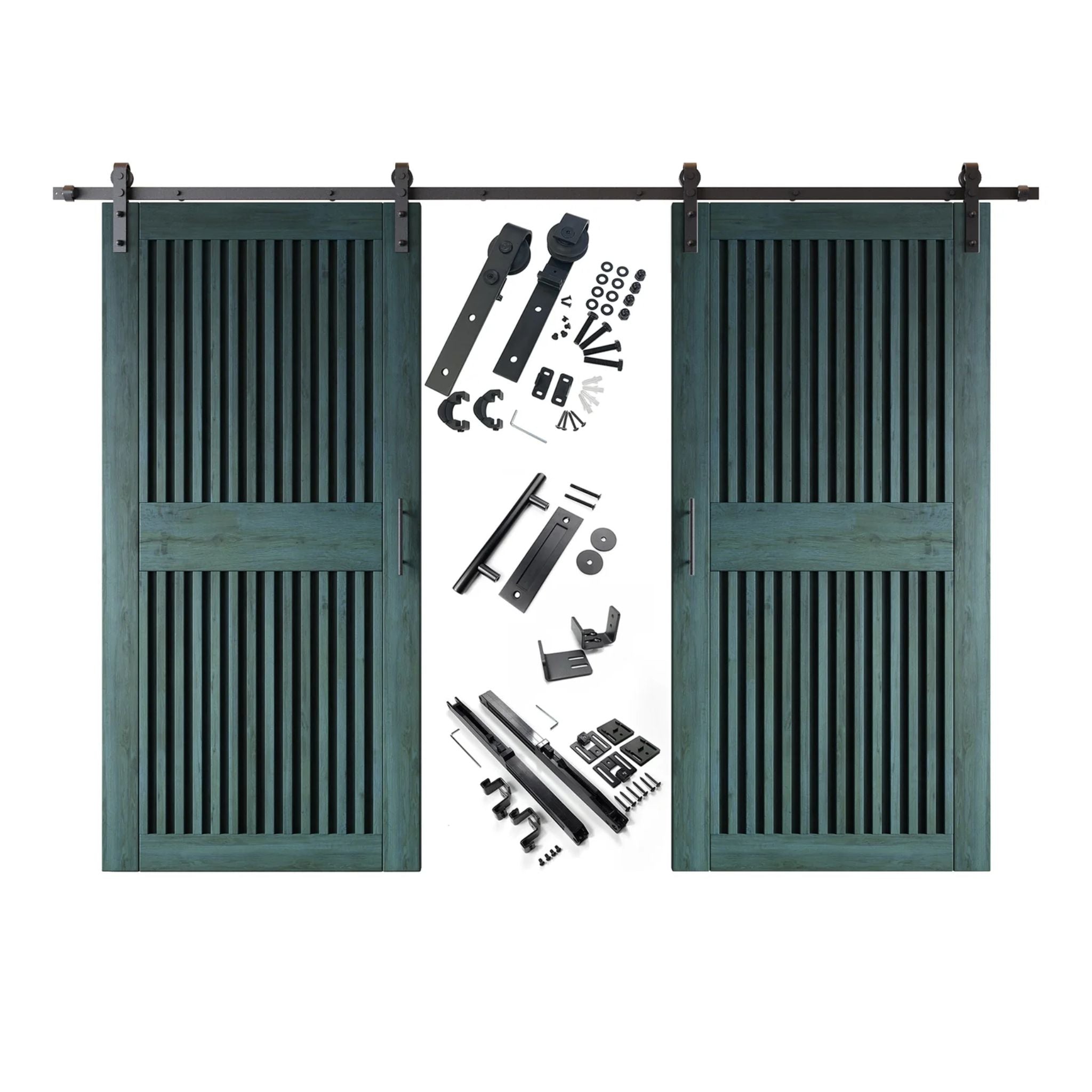 Royal pine vertical slat barn door set with hardware components on a white background