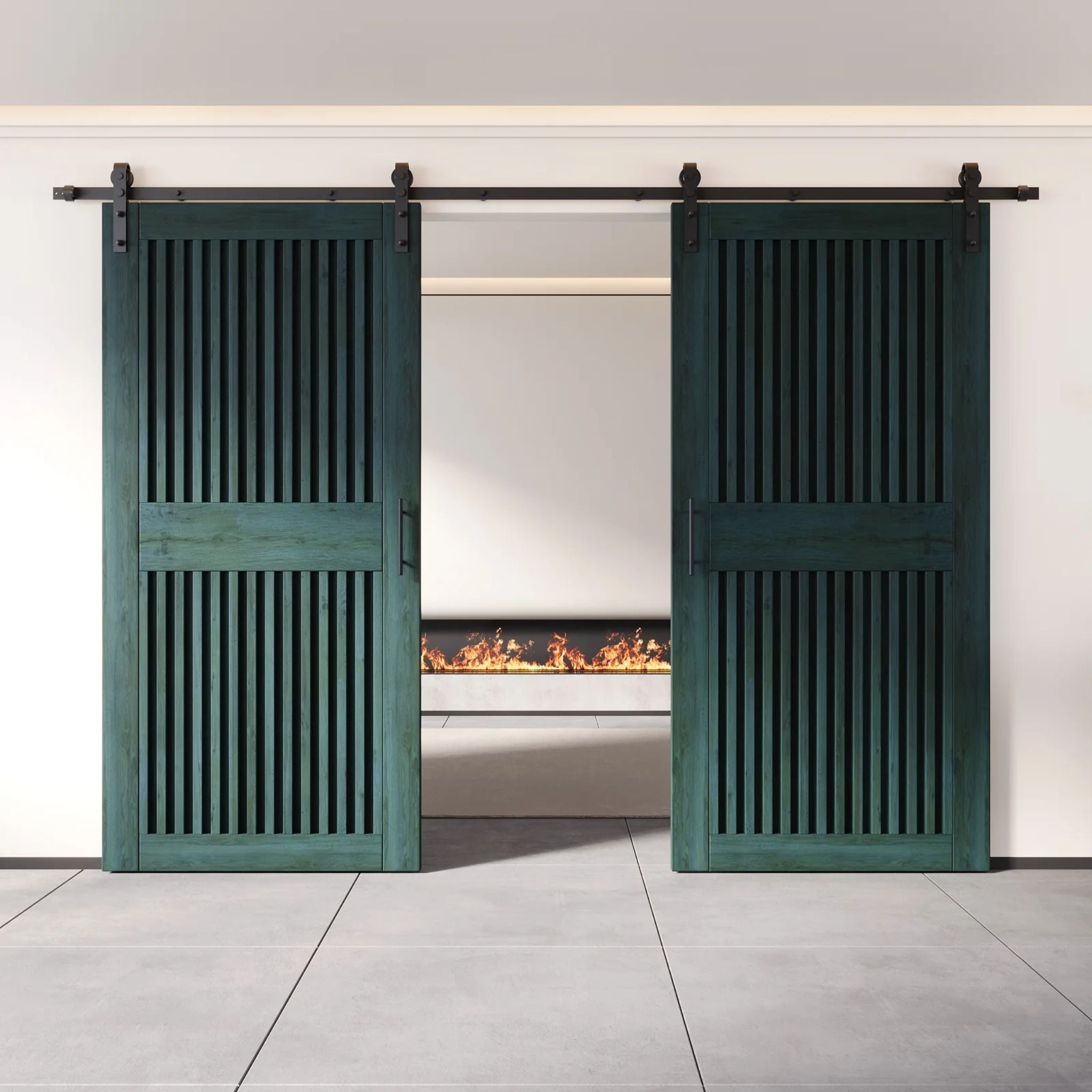 Green sliding barn doors with a fireplace in the background