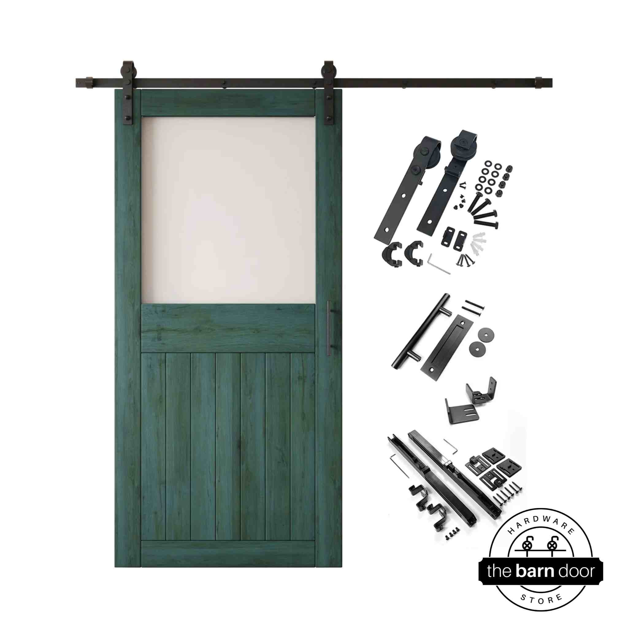 Royal pine half-lite barn door kit with wooden door, hardware, and components on a white background